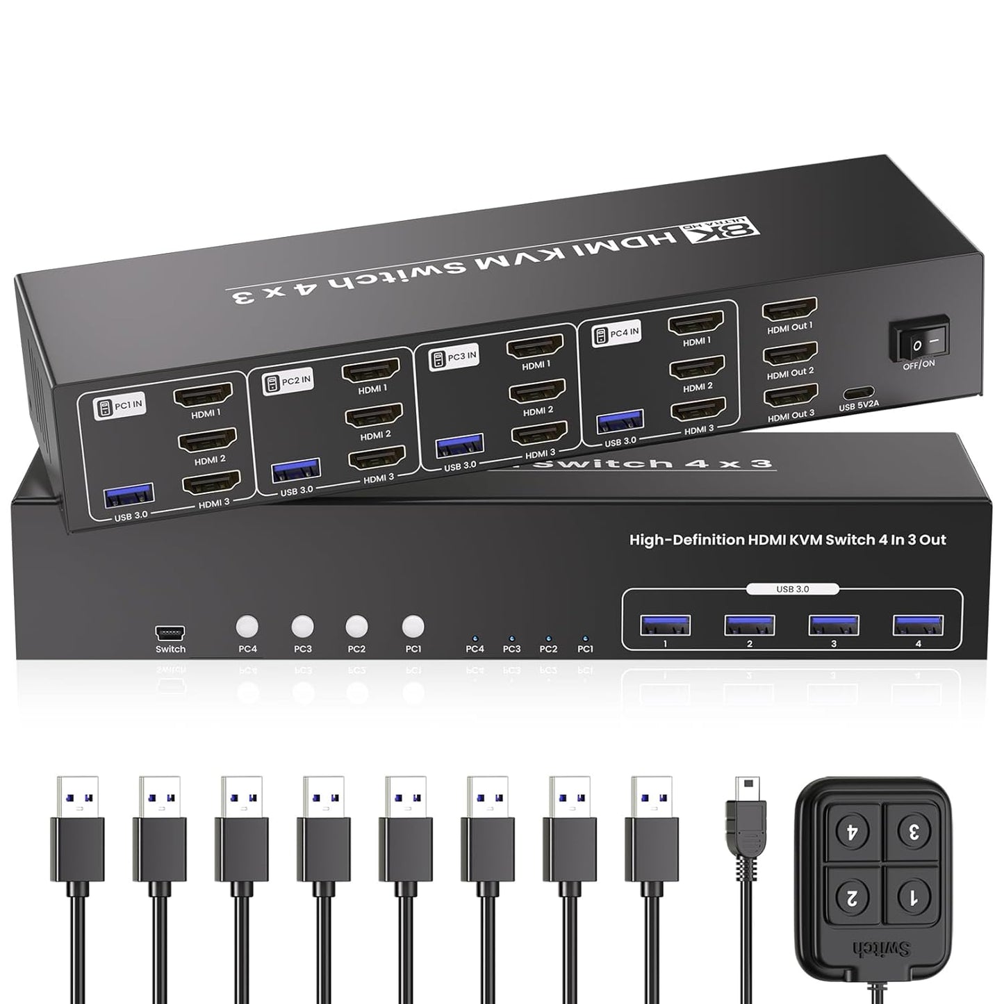 USB 3.0 HDMI KVM Switch 3 Monitors 4 Computers with 4 Port USB 3.0 Hub, 8K@60HZ 4K@120Hz 4 Port HDMI KVM Switch for 4 PCs Share 1 Set of Keyboard, Mouse and 3 Monitors