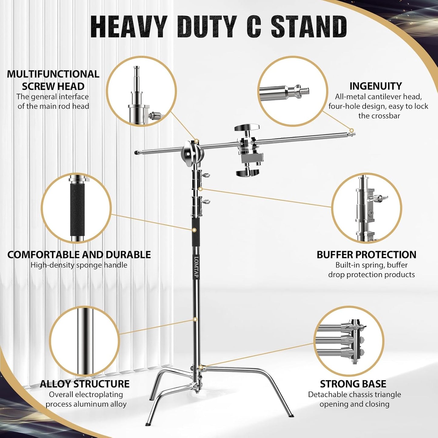 LOMTAP C Stand Light Stand Stainless Metal Photography Kit - Heavy Duty 6.8ft/210cm Vertical Pole, 2.8ft/87cm Boom Arm, Adjustable Base, Water Sandbag, 2 Grip Heads, 3 Clips for Softbox, Reflector