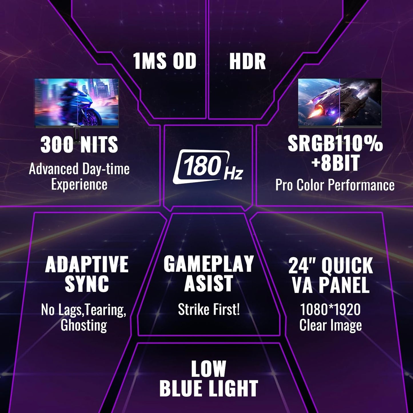 SANSUI 24 Inch Gaming Monitor 180Hz, Computer Monitor with Speakers 1*DP 2*HDMI Ports, FHD 1080P 110% sRGB VESA Support Eye Cares (One HDMI Cable Included ES-G24F4S)