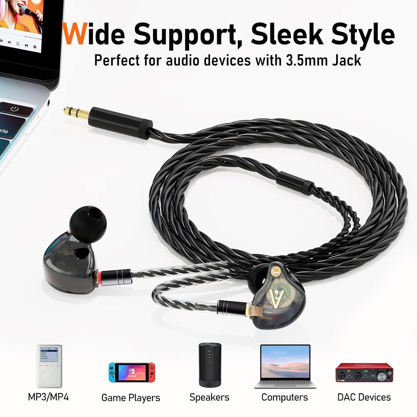 Premium HiFi IEM Cable - Silver-Plated 3.5mm to MMCX Cord, Lossless-Sound in-Ear Monitor Cables for Vibes 201/202, Shure SE215/315/425/535/846-Black (HC001)