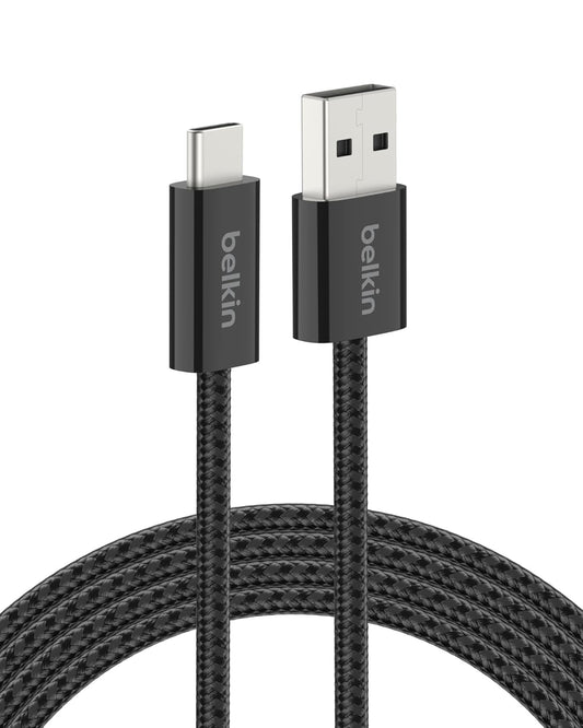Belkin USB A to USB C Cable, 6.6ft, 15W - Type C Charger, iPhone Charger Cord, Soft, Braided, Flexible for iPhone 16 & 15, Galaxy S25, Pixel 9, iPad Pro, Airpods Pro, Switch & More - Black