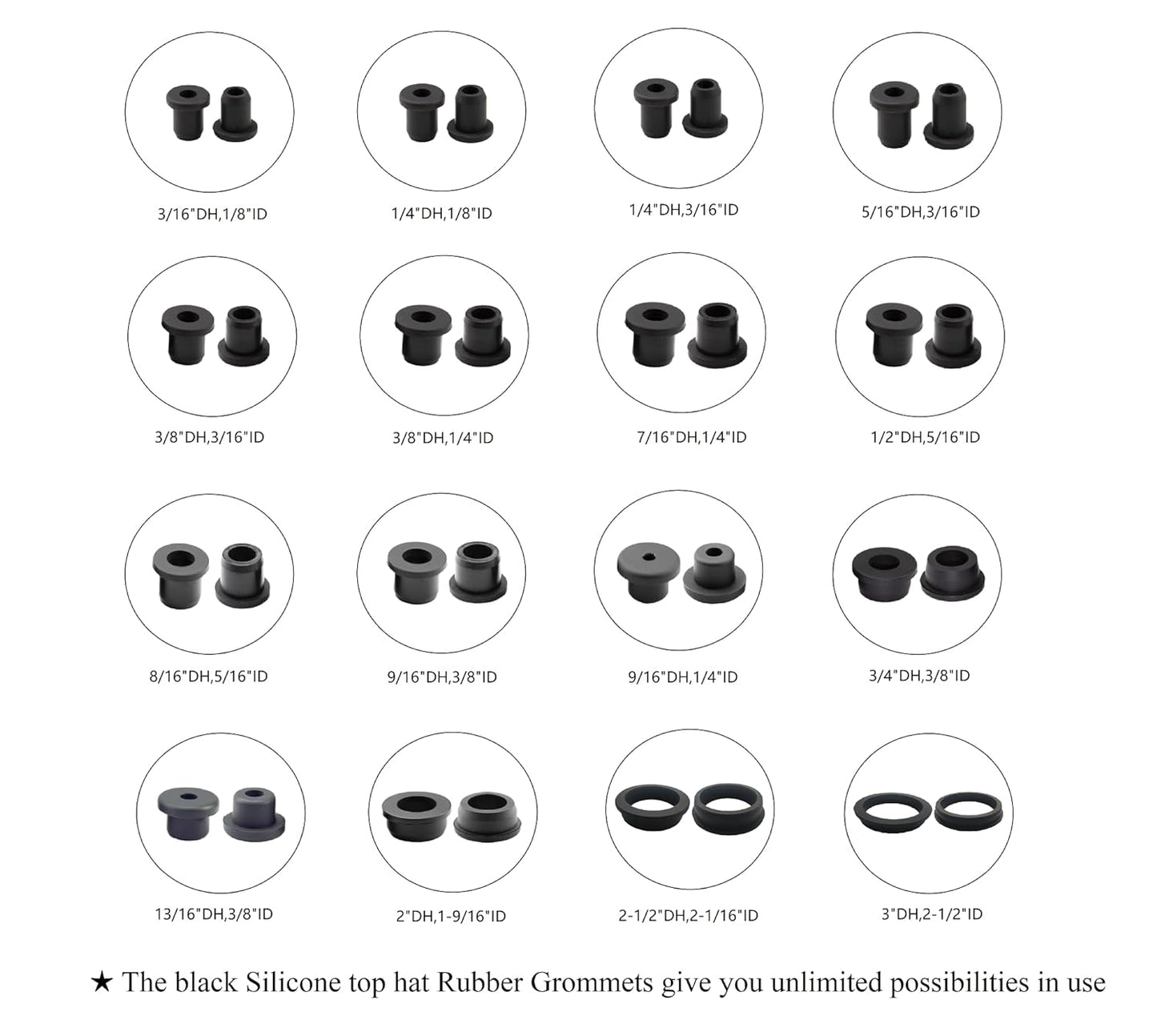 15 pcs 9/16" Drill Hole，3/8" ID Black Silicone Top hat Rubber Grommets for Wiring，Automotive，Firewall，Hole Plug，Desk，Screw，Water and Gas Pipe，Drain，House Siding，Cable Bushing，Glass，Wire Plug