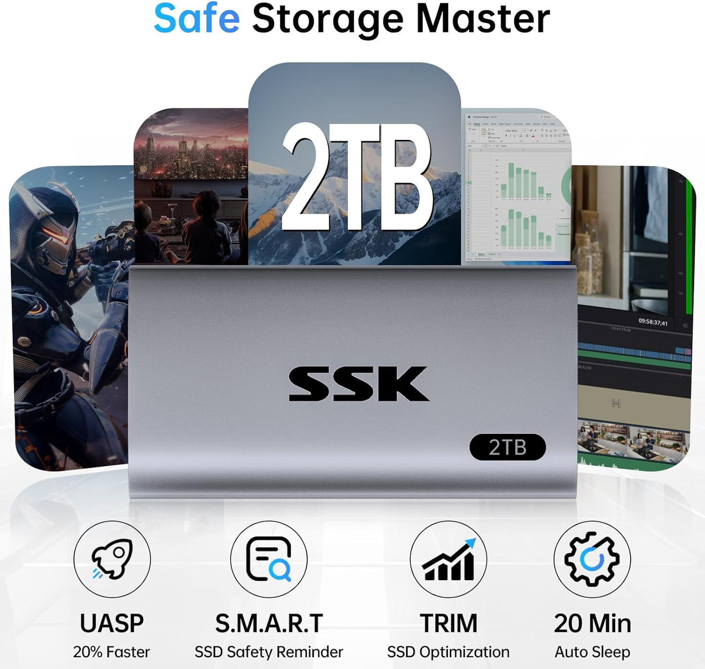 SSK 2TB SSD External Hard Drive, Portable SSD Up to 550MB/s Fast Solid State Drives, External Drive USB 3.2 Gen2 SSD for iPhone 15/Pro, Windows, Mac, Android with LED Light, Trim, Smart Supported