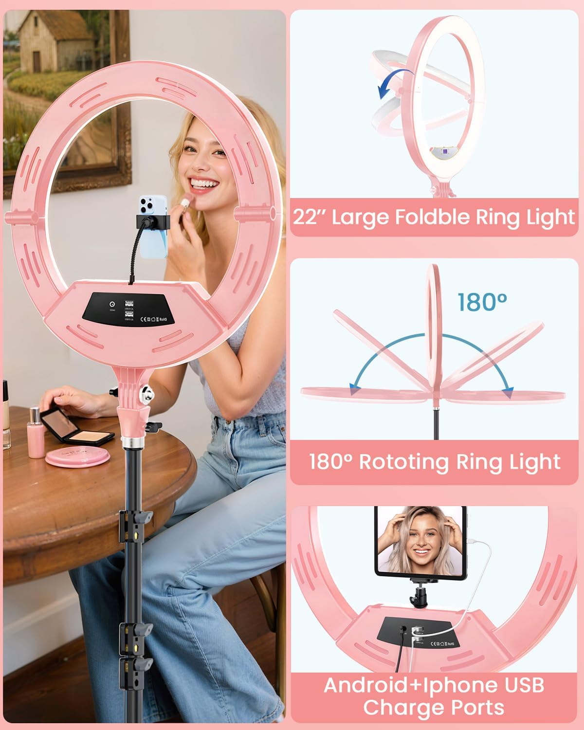 22" Large Ring Light with Stand,Foldable LED Big Ring Light Tripod for iPhone Phone Ipad, 75" Tall Tripod Touch Screen,Wireless Remote for Live Stream,YouTube,TikTok Video Shooting Pink