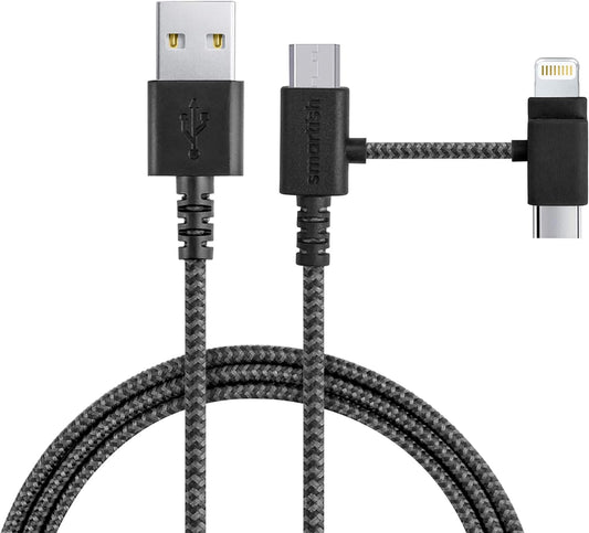 Smartish USB-C/Lightning Cable for iPhone 16/15/14 - Crown Joule - 6Foot Universal Fast Fabric Wrapped Charging Cable w/Micro-USB - Apple MFi Certified for iPhone 13/12/SE/iPad/AirPods/Android - Black