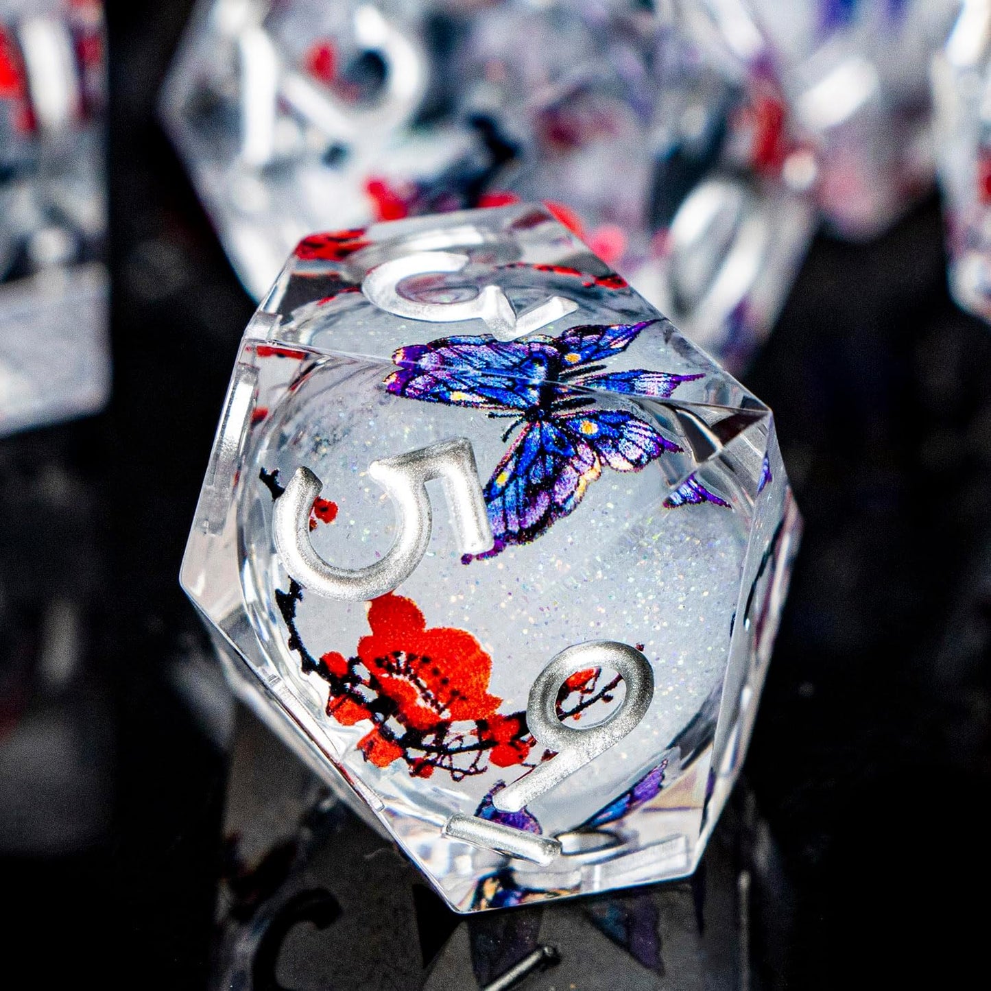 Butterfly DND Dice White Liquid Core Dice Set with Metal Box, Handmade Sharp Edge D and D Polyhedral Dice for use with D&D RPG Role Playing Game