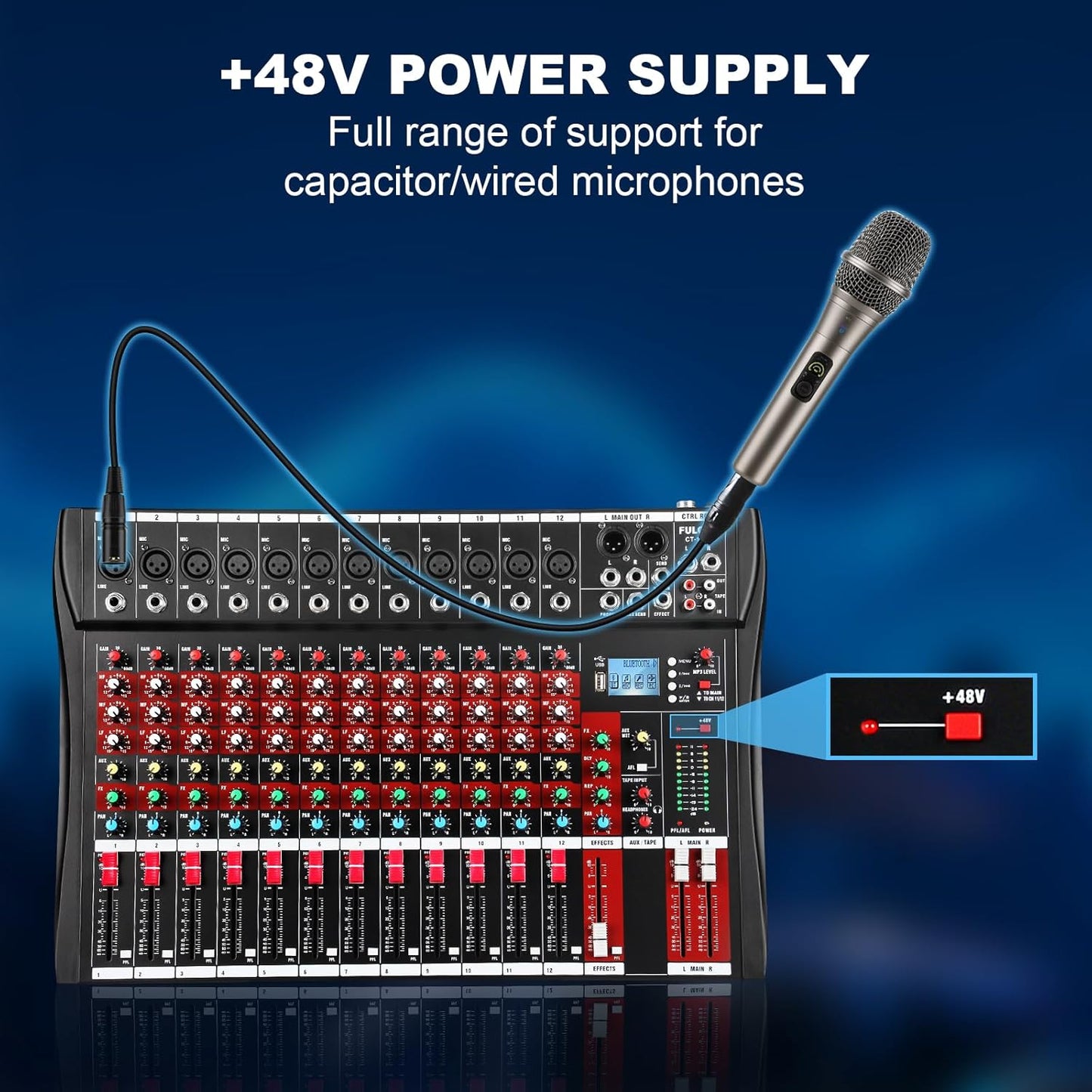12 Channel Audio Mixer, Professional Music Mixer Board DJ Mixing Console with Bluetooth, USB/MP3 Player, Reverb, and 48V Phantom Power for Studio Recording, Karaoke, and Live Performances