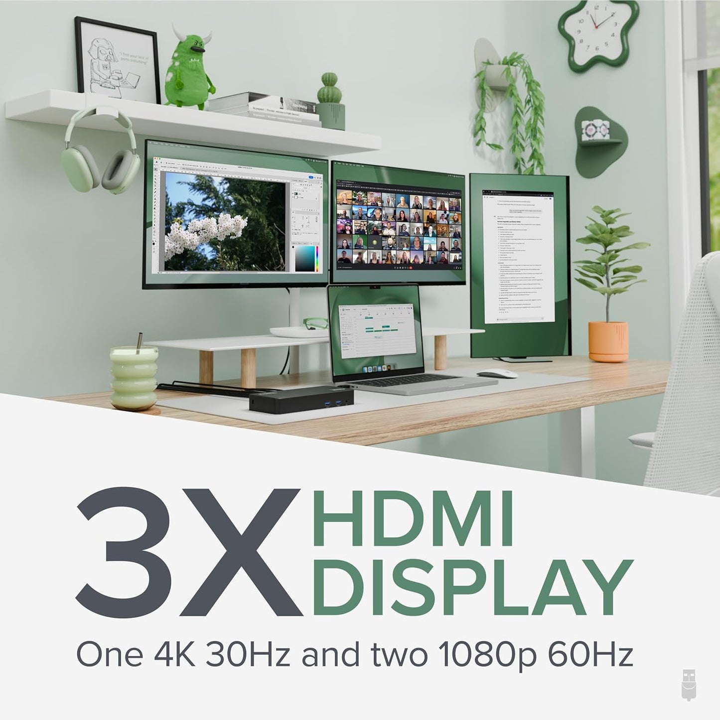 Plugable USB C Triple Display Docking Station with Laptop Charging, for Thunderbolt, USB4, or USB-C Systems, Compatible with Windows, macOS, ChromeOS laptops (3X HDMI, 6X USB 5Gbps Ports, 100W PD)