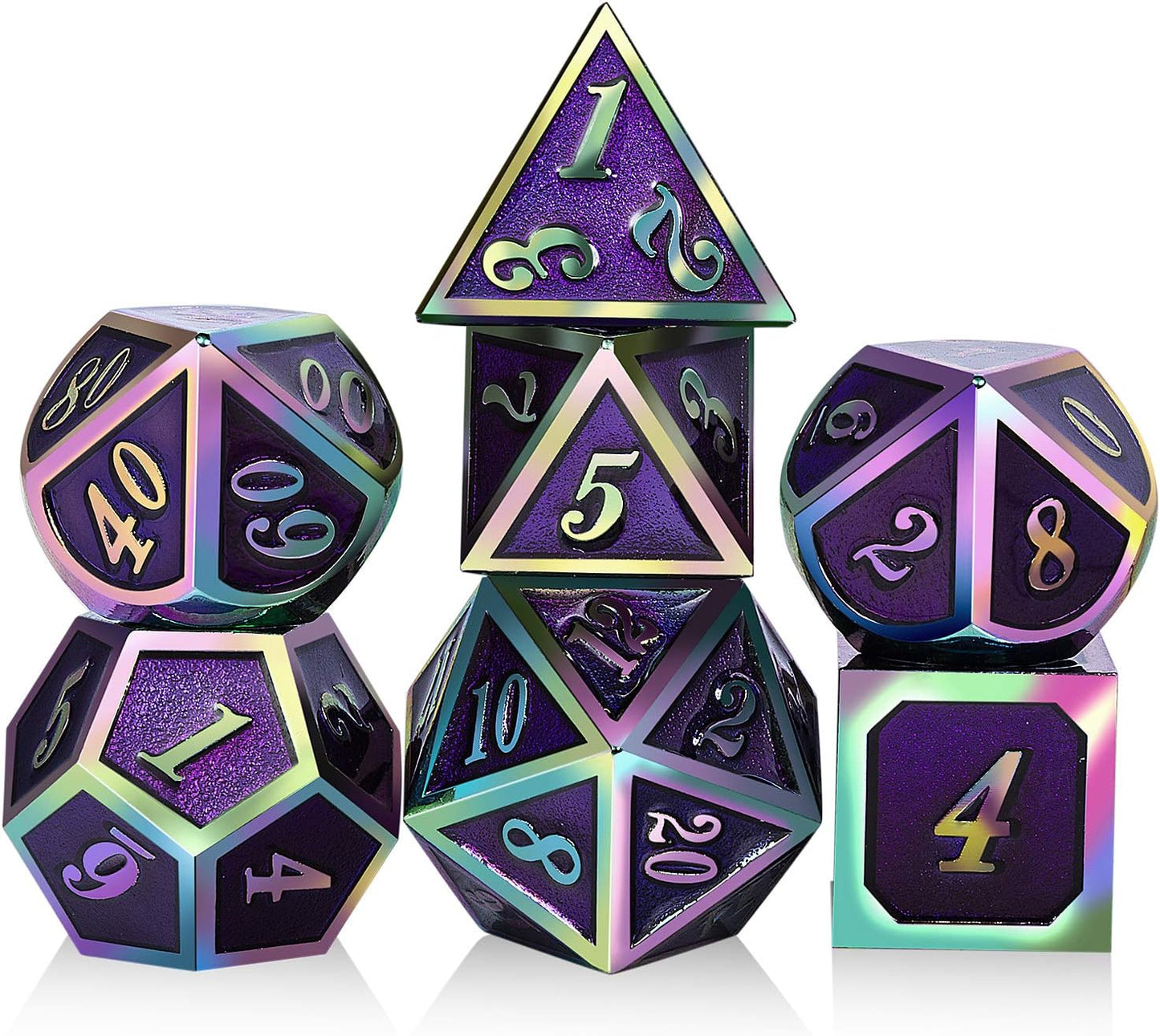 Purple Metal Dice Set D&D, DNDND 7 Die Enamel Polyhedral DND Dice Set with Metal Tin for Dungeons and Dragons and Role Playing Game