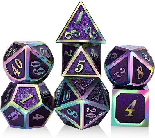 Purple Metal Dice Set D&D, DNDND 7 Die Enamel Polyhedral DND Dice Set with Metal Tin for Dungeons and Dragons and Role Playing Game