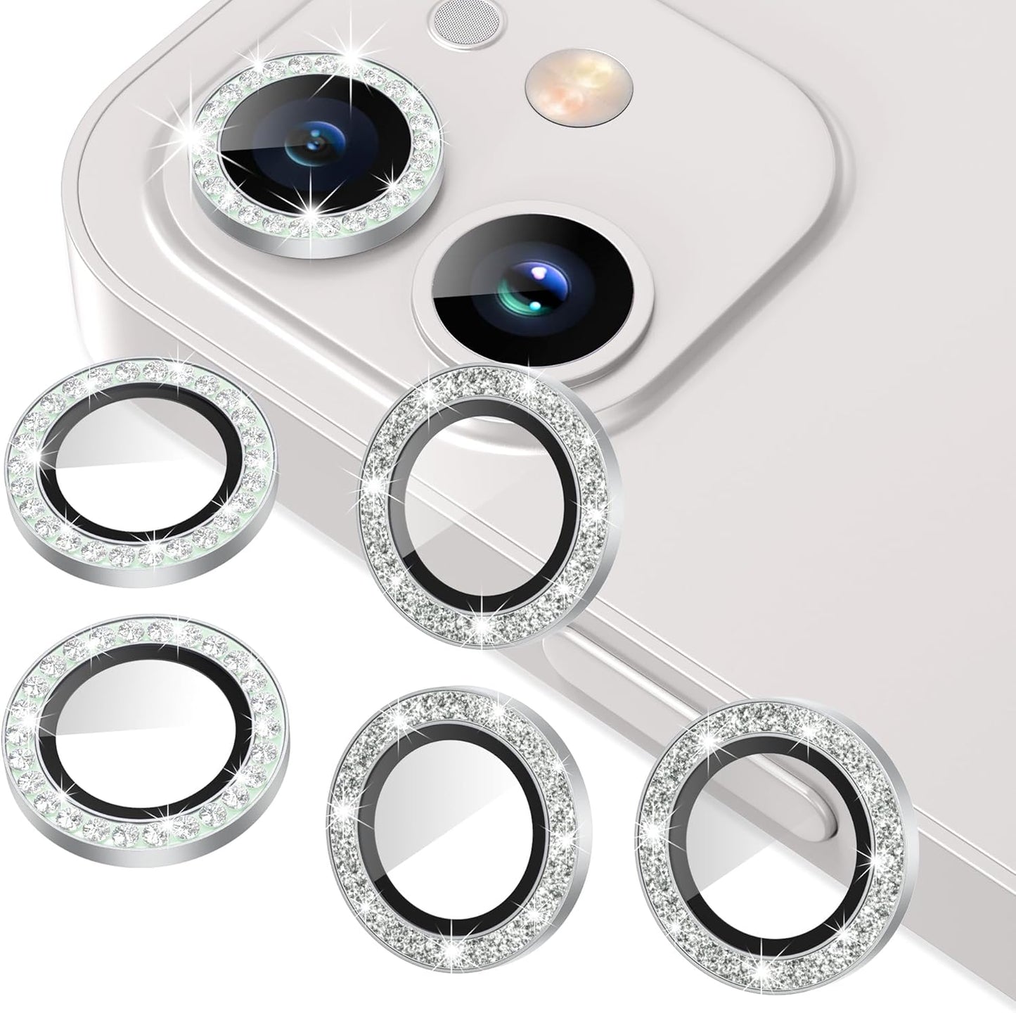 AGVEE 3+3 6 Pack for iphone 12 Pro/12/12 Mini/11 Pro Max/11 Pro/11 Camera Lens Cover Protector, Bling Diamond & Bling Glitter Metal Ring 9H Tempered HD Glass Camera Protector, Bling-Silver