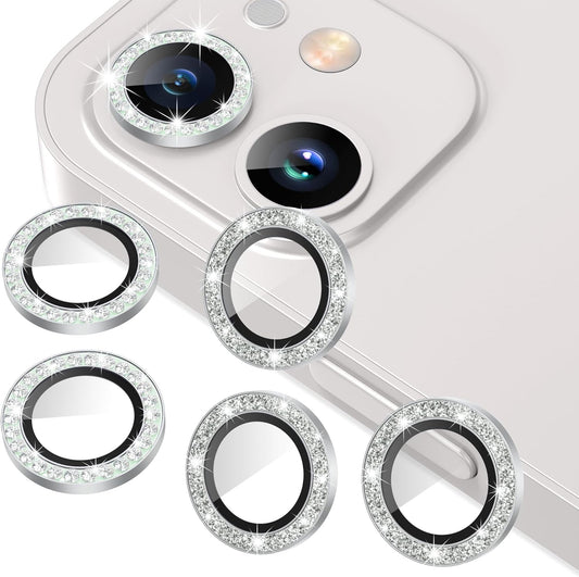 AGVEE 3+3 6 Pack for iphone 12 Pro/12/12 Mini/11 Pro Max/11 Pro/11 Camera Lens Cover Protector, Bling Diamond & Bling Glitter Metal Ring 9H Tempered HD Glass Camera Protector, Bling-Silver