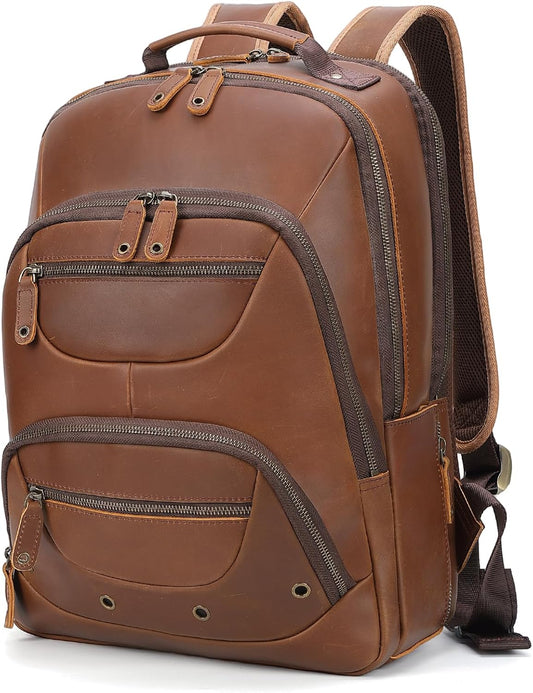 TIDING Brown Leather Travel Backpack for Men, Vintage 16 Inch Laptop Casual Daypack Business Camping Overnight Rucksack