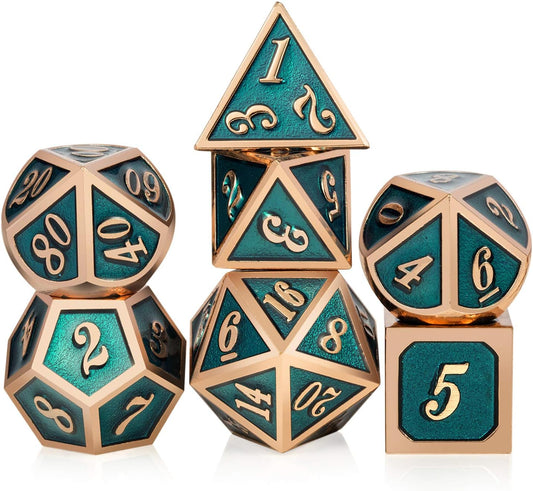 Teal D&D Metal Dice Set,DNDND 7 PCS Metallic Dungeons and Dragons Dice with Free Metal Case for D&D Game Role Playing (Teal and Copper)