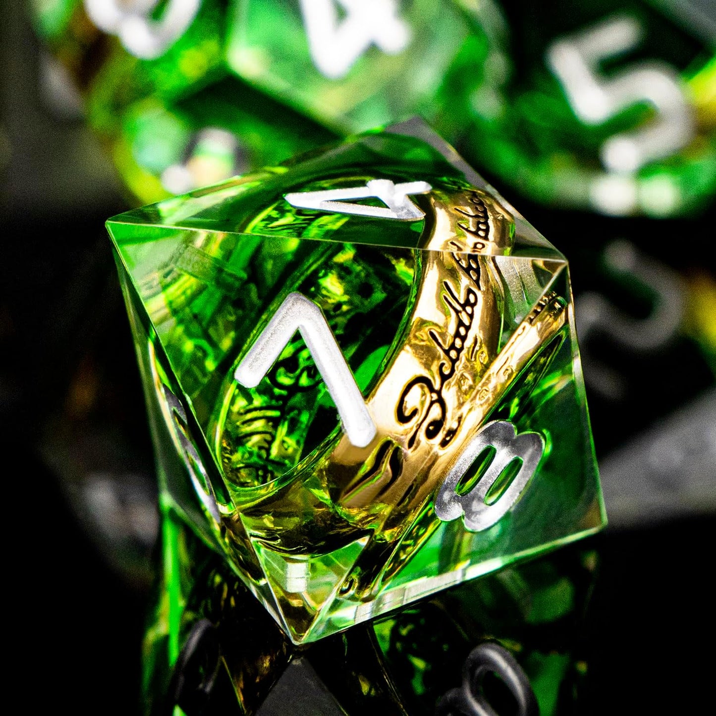 Magic Golden Ring DND Dice Set with Case, Green Resin Sharp Edge D and D Dice for use with D&D Tabletop Games Lord Handmade Polyhedral Dice Set D20 D12 D10 D8 D6 D4