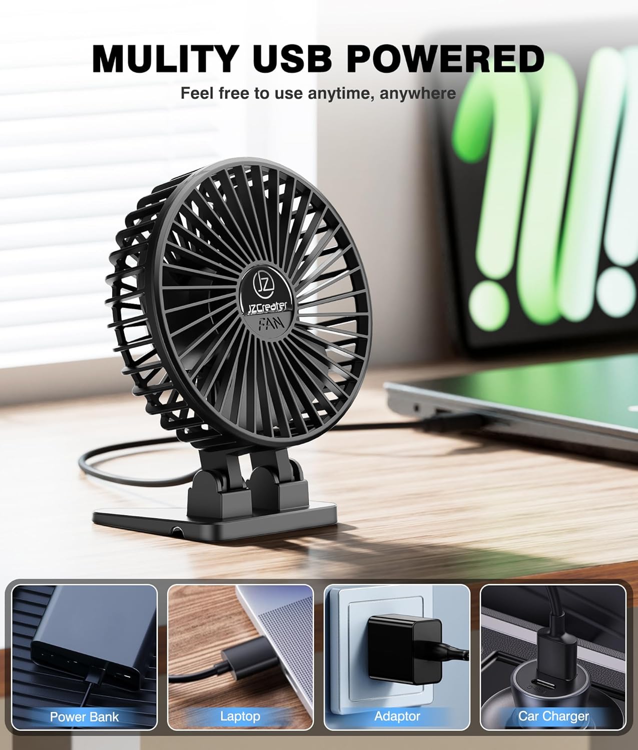 JZCreater USB Desk Fan, Mini Portable, 3 Speeds Desktop Table Cooling, Plug in Power, Rotation Strong Wind, Quiet Personal Small for Home Office Travel Bedroom, Black