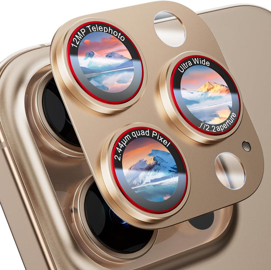 Camera Lens Protector for iPhone 16 Pro Max/iPhone 16 Pro/iPhone 15 Pro Max/iPhone 15 Pro/iPhone 14 Pro Max/14 Pro , [Military Grade Shatterproof][Full Coverage Metal] [Strong Adsorption] 9H Metal Tempered Glass Camera Screen Cover, [Case-Friendly], Gold