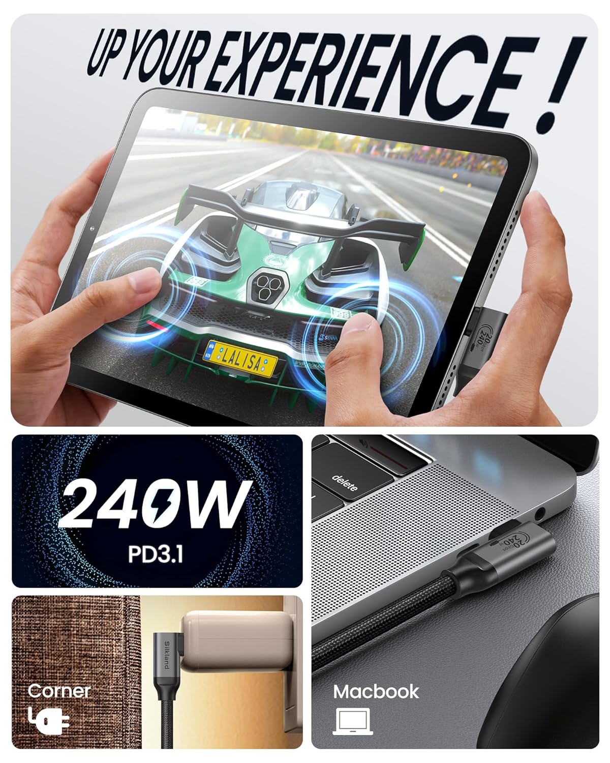 Silkland USB C Monitor Display Cable Right Angle 6.6FT/2M [5K/4K@60Hz 8K@30Hz], 90 Degree USB C 3.2 Gen 2x2 Video Cable, 20Gbps Data Transfer, 240W Fast PD Compatible for MacBook, iPad, iPhone 16