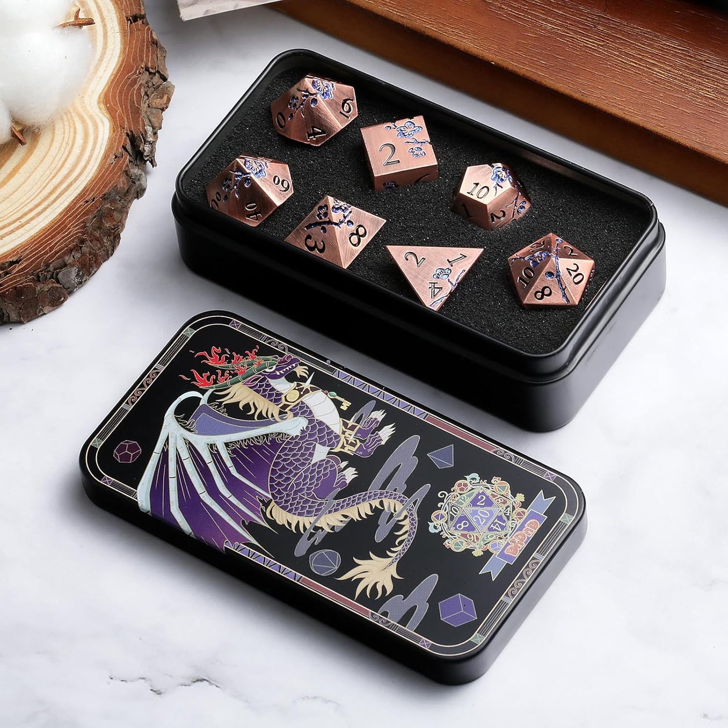 DNDND Metal Dice, 7 PCS Heavy Solid Metallic Flower DND Dice Set with Gorgeous Gift Case for D&D Dungeons and Dragon Tabletop Game (Ancient Copper)
