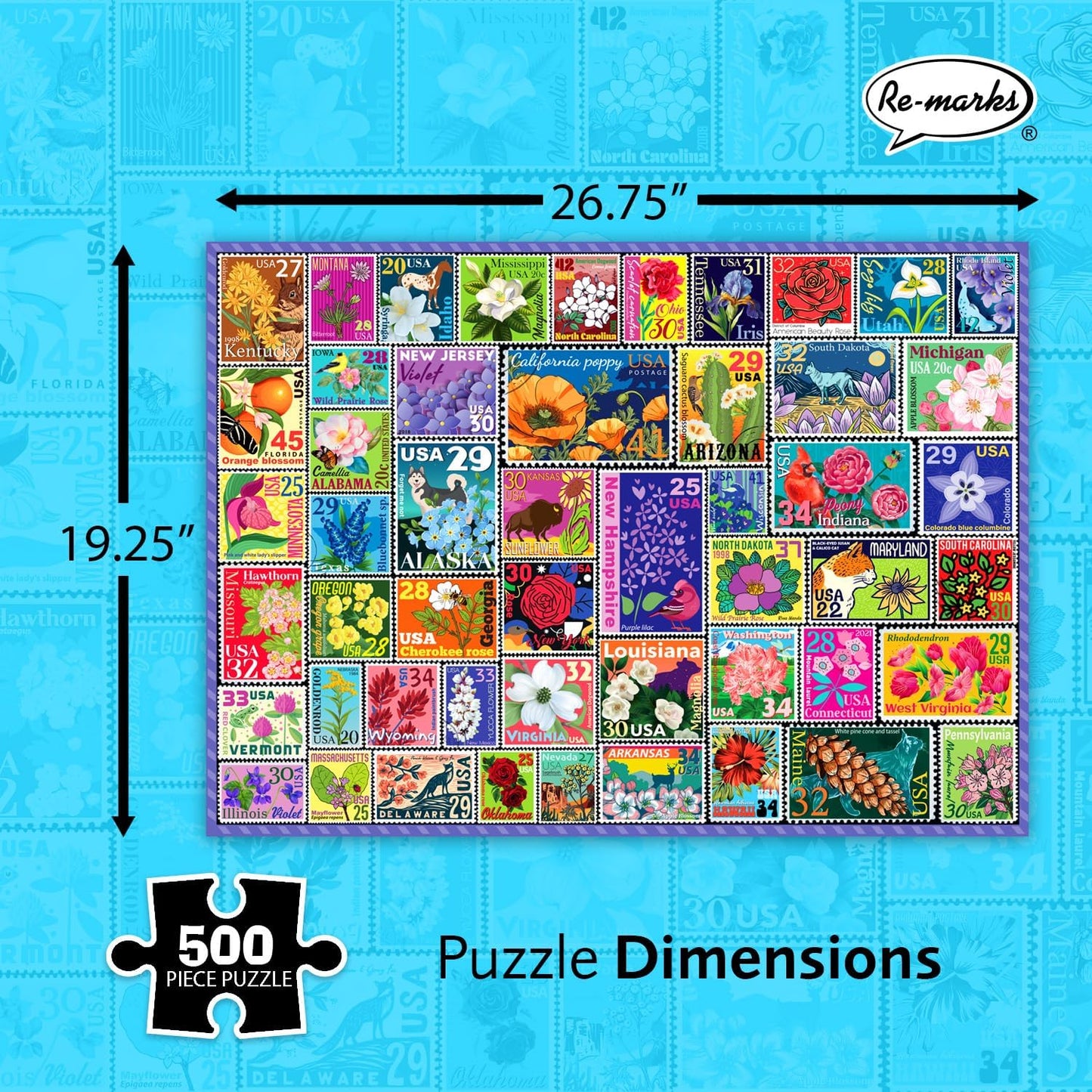Re-marks State Flowers Stamp Collage Jigsaw Puzzle, 500 Large Piece Jigsaw Puzzle for All Ages