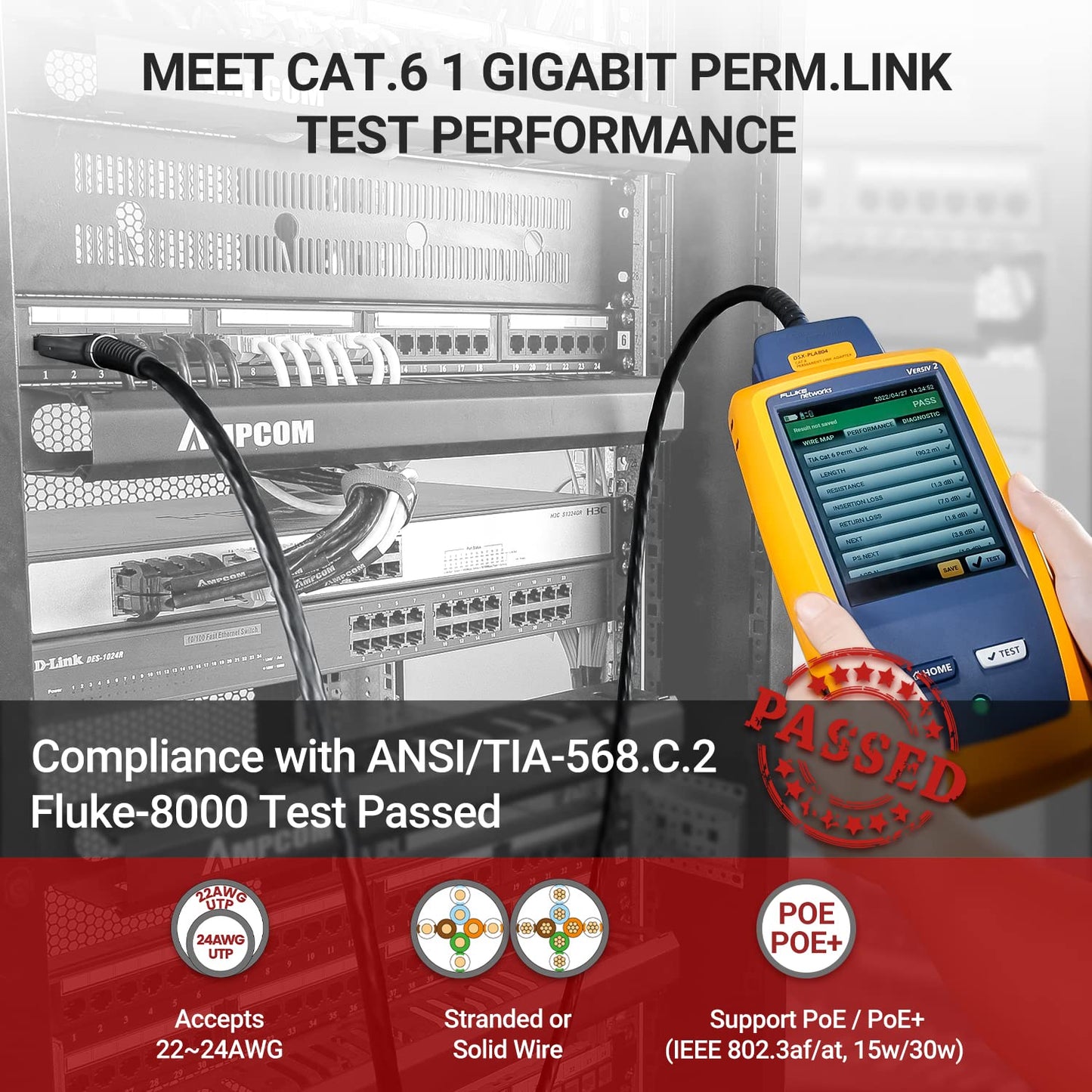 AMPCOM Premium Series CAT6 24 Ports Patch Panel, Rack Mount - 1U, 19 inch, RJ45 Ethernet 568A 568B, 15u Gold Plated, with Rear Cable Support Bar