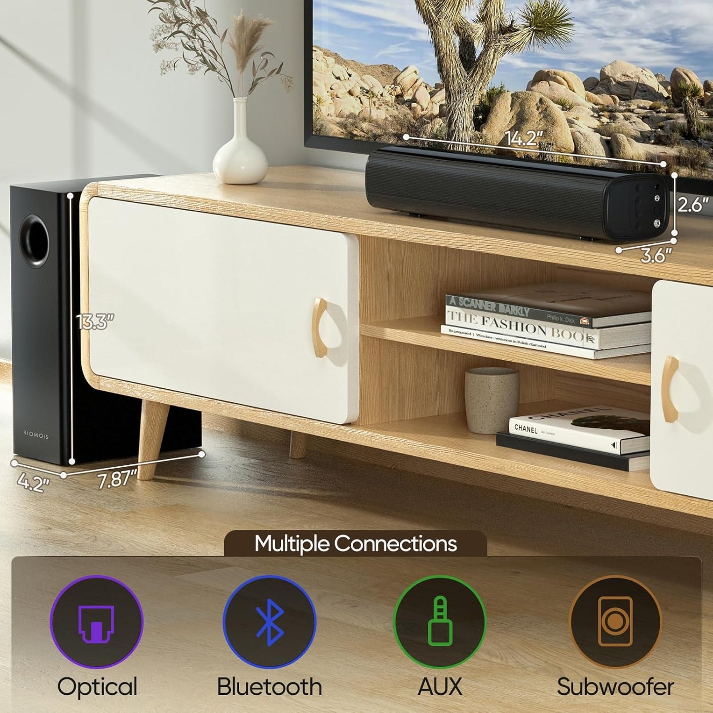 Sound Bars for Smart TV with Subwoofer, 2.1 Deep Bass Small Soundbar Home Theater Surround System Speaker with 4 Inch Subwoofer, Bluetooth/Optical/AUX Connection, Compact Soundbar for TV