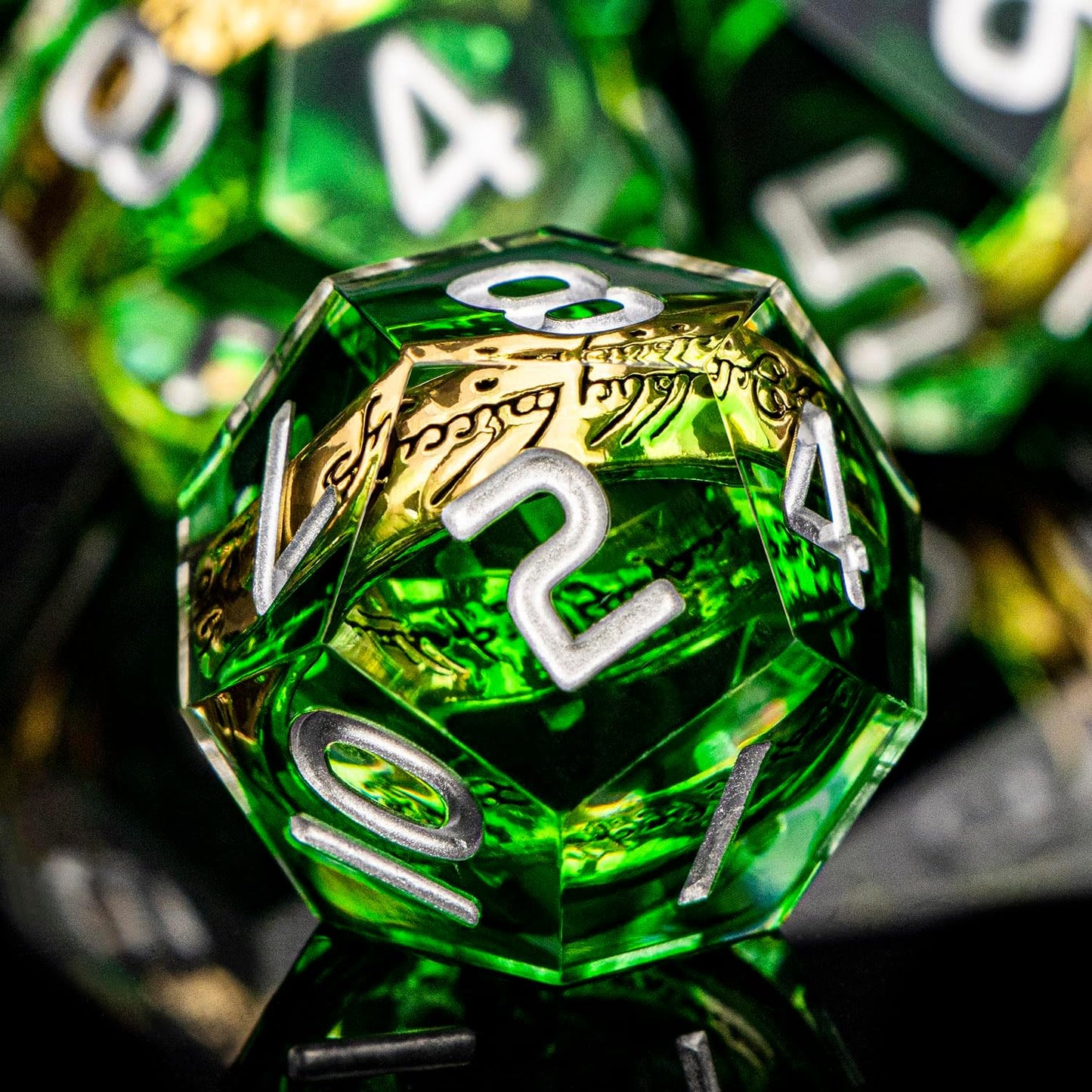 Magic Golden Ring DND Dice Set with Case, Green Resin Sharp Edge D and D Dice for use with D&D Tabletop Games Lord Handmade Polyhedral Dice Set D20 D12 D10 D8 D6 D4