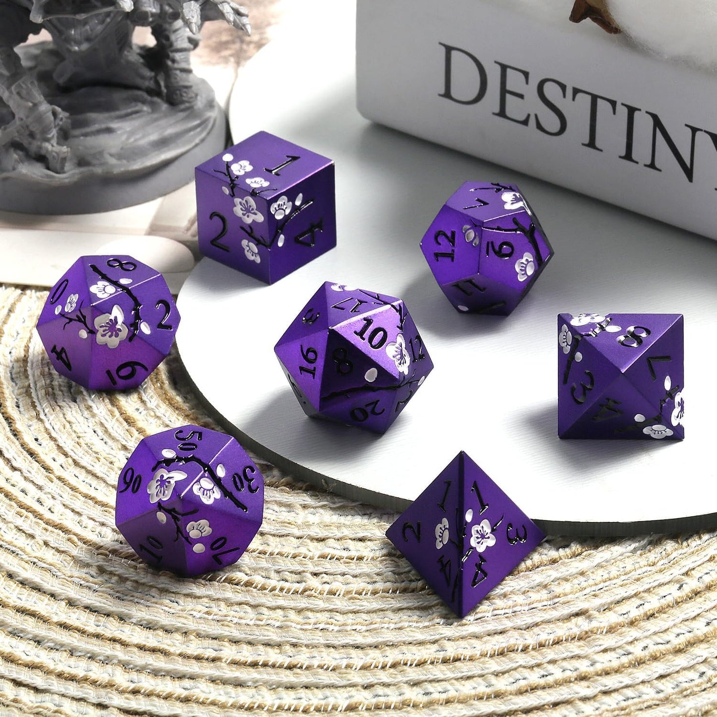Matt Purple D&D Metal Dice, DNDND 7 PCS Heavy Metallic DND Dice Set with Gorgeous Gift Case for Dungeons and Dragon Tabletop Game (Matte Purple with White Flowers)