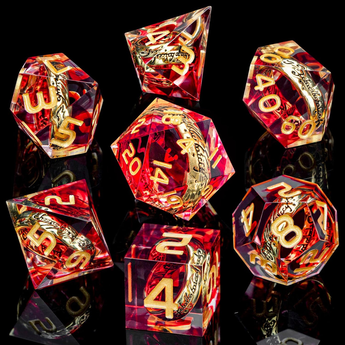 Magic Golden Ring DND Dice Set Sharp Edge Red Resin Dice with Box, for use with Dungeons Dragon RPG D&D Tabletop Games Lord D and D Polyhedral Dice Set