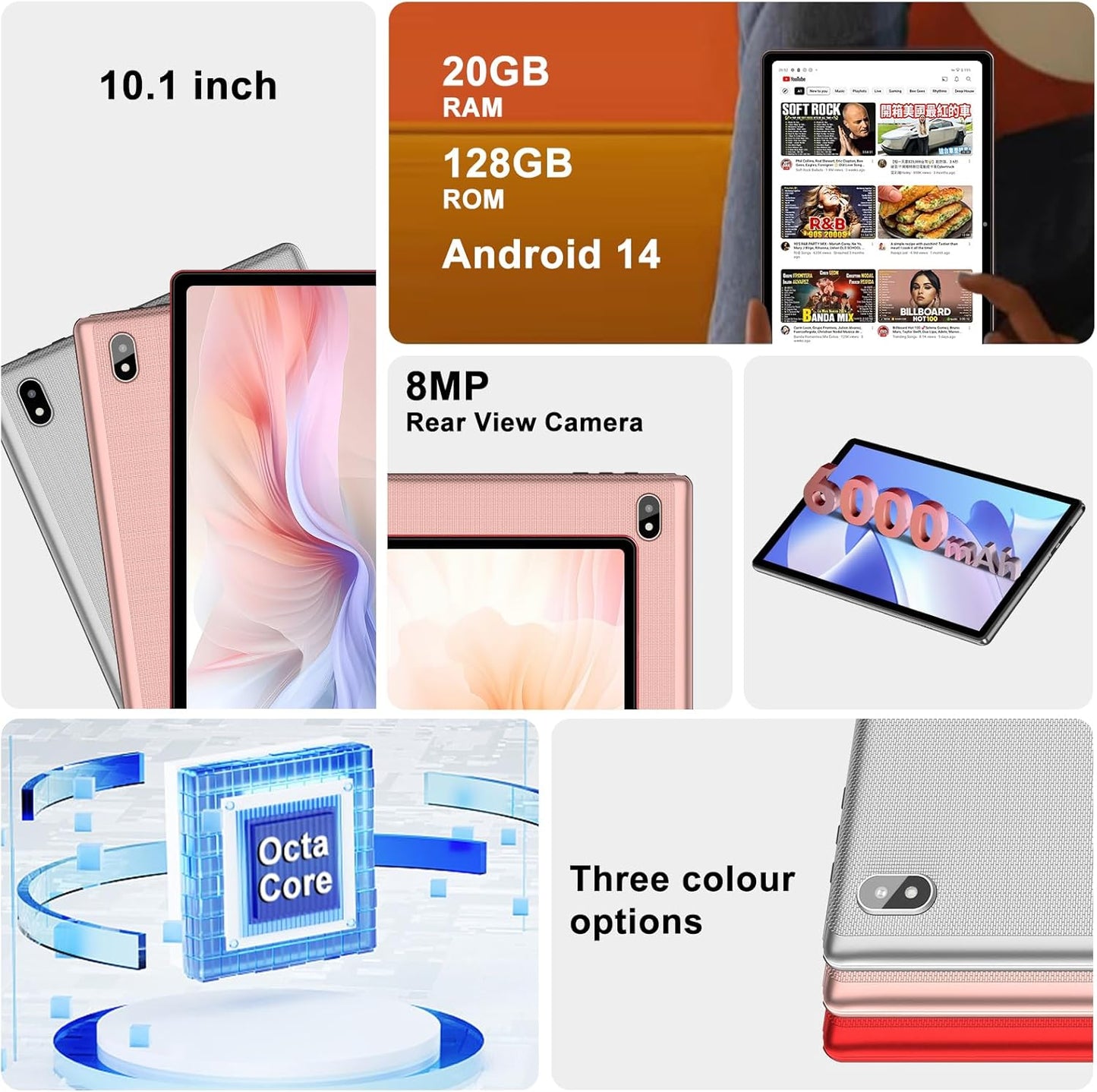 Android 14 Tablet 10 Inch Tablets, 20GB+128GB/1TB Expandable, Tablets with Octa-Core, WiFi 6, Dual Camera, BT 5.0, 6000mAh Battery, HD IPS Display, Widevine L1, Tablet with Keyboard Mouse - Rose Gold