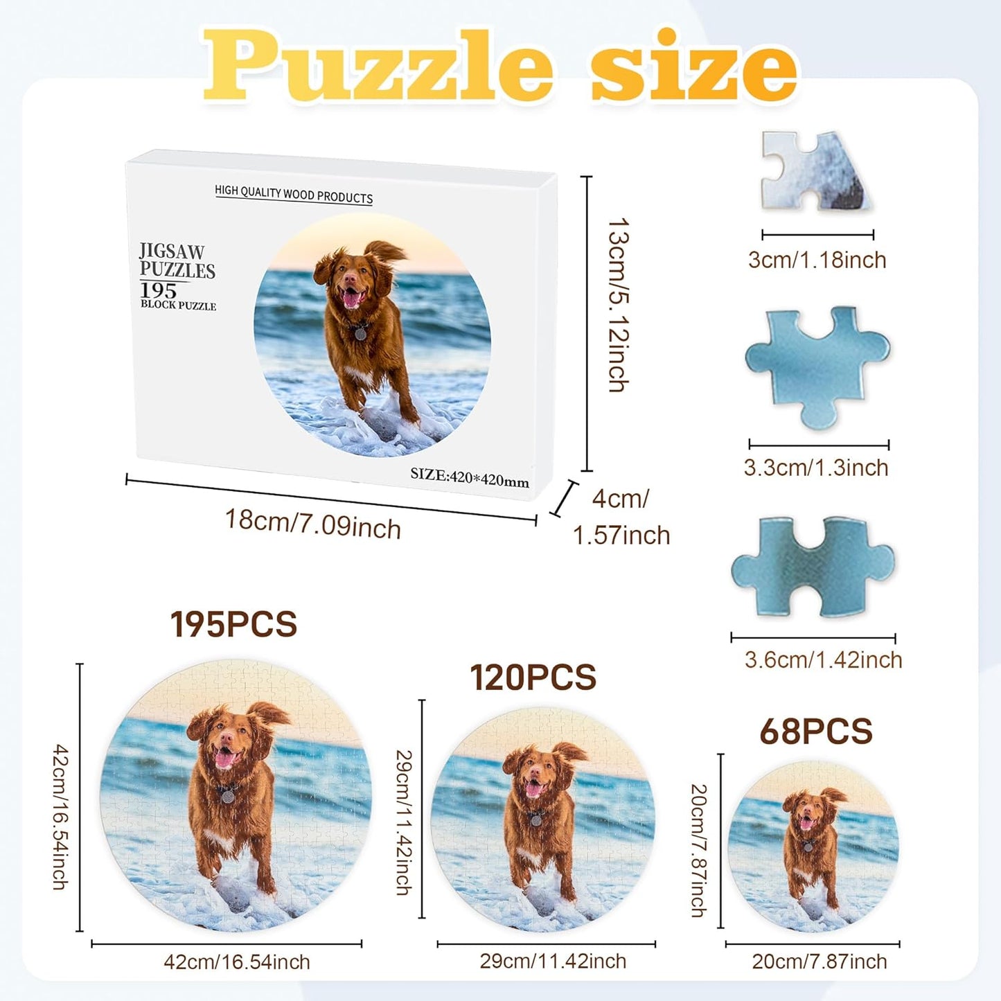 Easycosy Custom Pet Photo Round Puzzles 68/120/195 Pieces for Kids Adults Personalized Picture Text Jigsaw Puzzle Gift for Families Pet Dog Cat Lovers(Horizontal/Vertical)