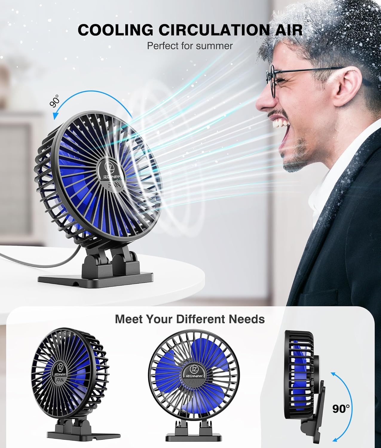 JZCreater USB Desk Fan, Mini Portable Fans, 3 Speeds Desktop Table Cooling Fan, Plug in Power, Rotation Strong Wind, Quiet Personal Small for Home Office Travel Bedroom, Black Blue