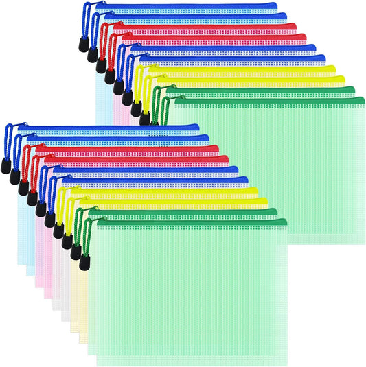 AUSTARK 20 Pcs Zipper File Bags, Plastic Mesh Pouch, Board Game Storage Bag, Waterproof Bags for Office School (A5 Size 9.2''x6.7'', Multicolored)