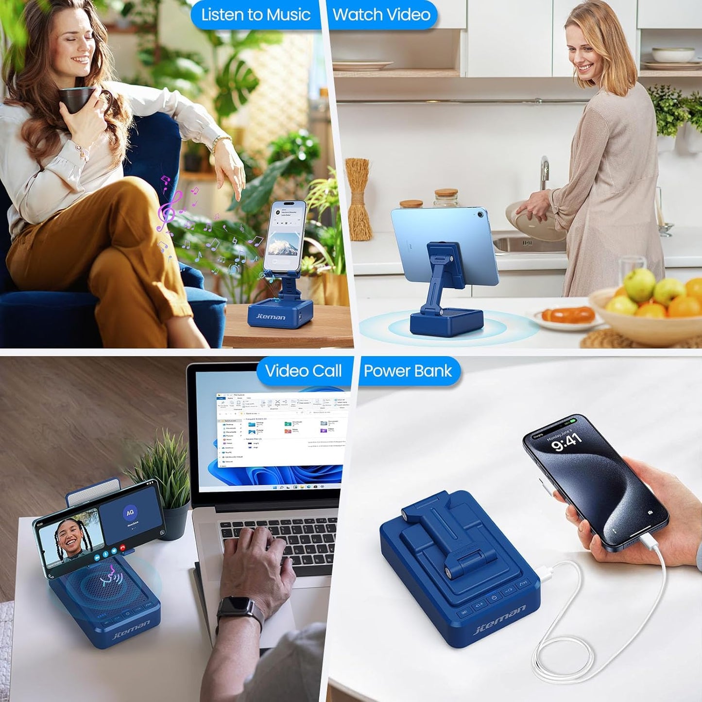 JTEMAN Cell Phone Stand with Bluetooth Speaker and Charging Function,Bluetooth Audio Power Bank Bracket,Birthday Gifts for Men Women,Kitchen Gadgets for Most Phones and Tablets-Blue