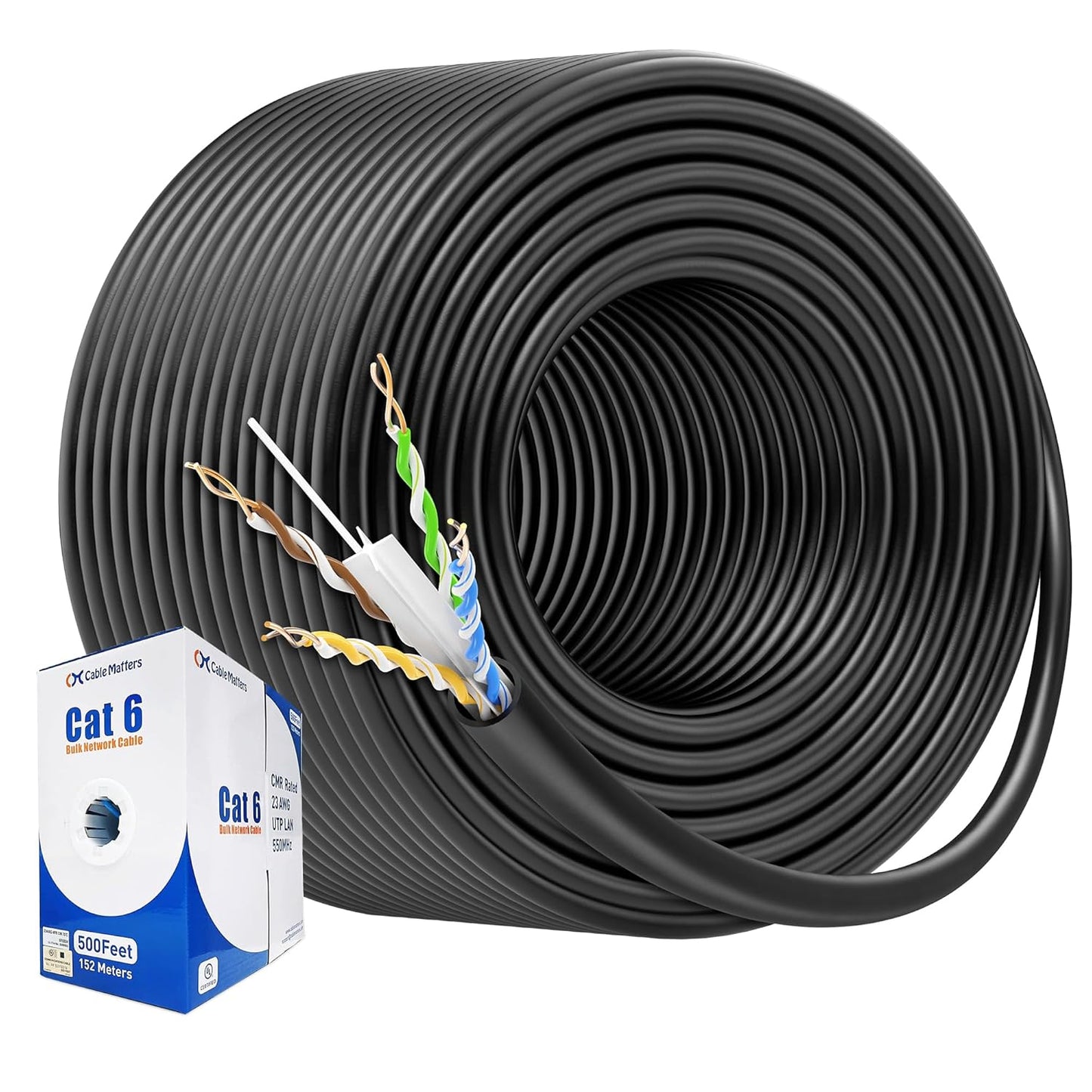 Cable Matters [UL Listed] 10Gbps in-Wall Riser Rated (CMR) 23AWG Bare Copper Cat6 Ethernet Cable - 500ft, Cat 6 Ethernet Cable Spool, Cat 6 Cord Bulk, Black