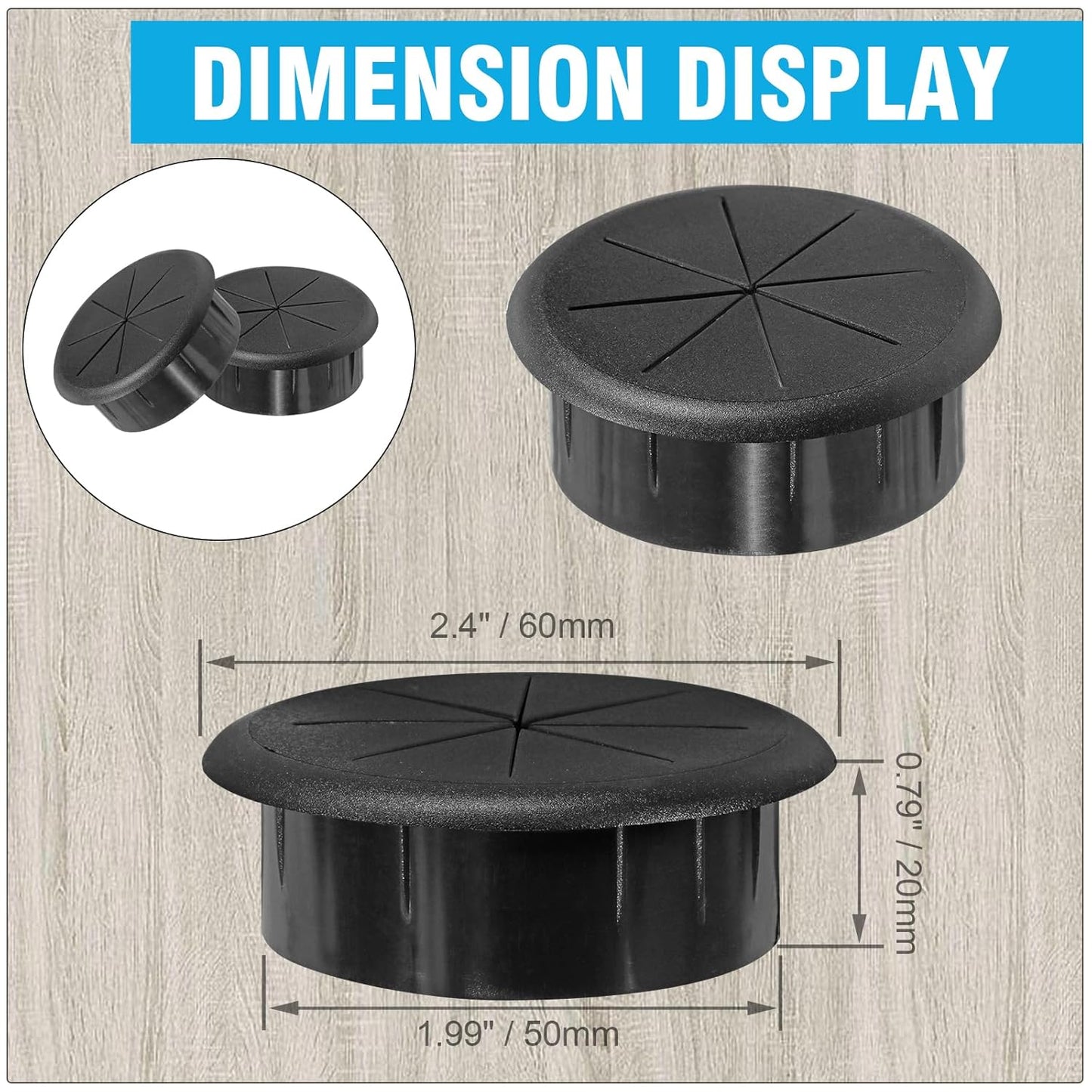 2" Black Desk Grommet, JTemgle Flexible Cable Grommet Rubber Cable Hole Cover Wire Organizer Caps Desktop Cord Management for Home Office TV Stands Tabletops, 2 Pieces