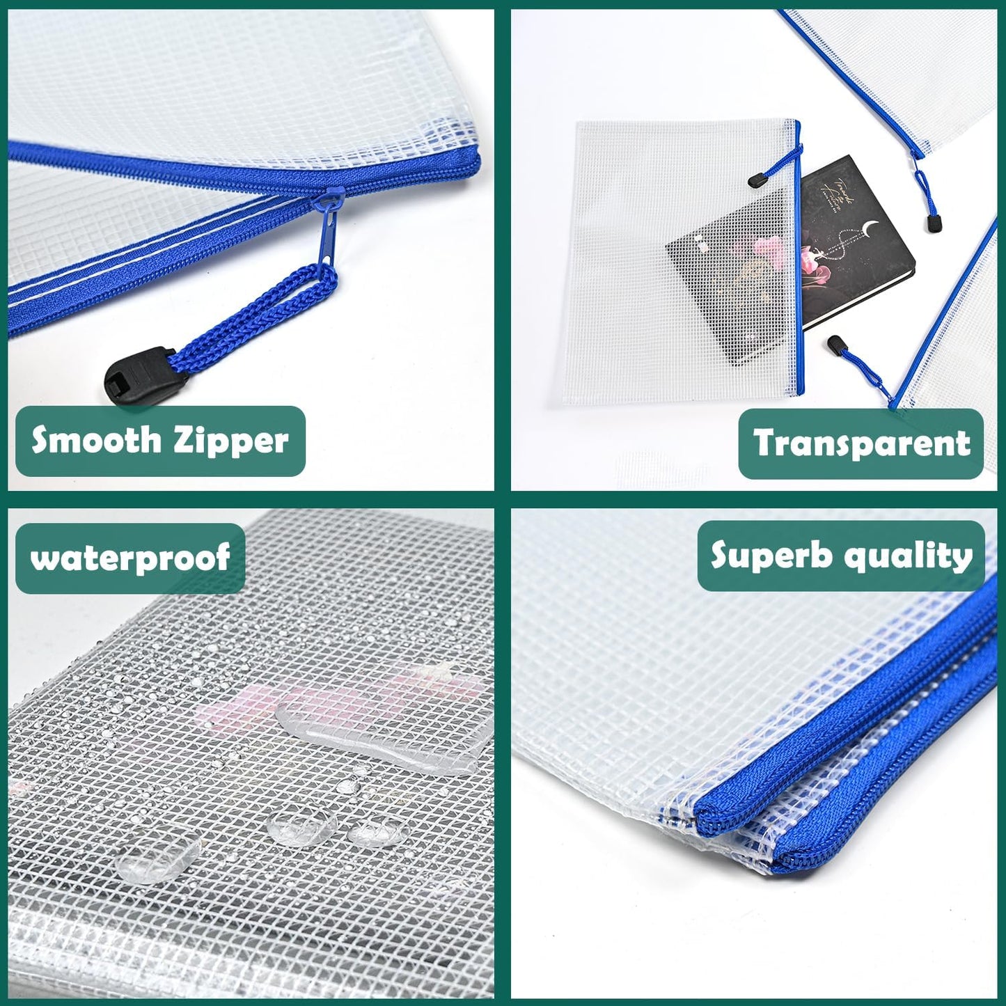 AUSTARK 10 Pcs Zipper File Bags, Waterproof Plastic Mesh Pouch for Office School, Board Game Storage Bags (A3 Size 16.9''x12'', White and Blue)