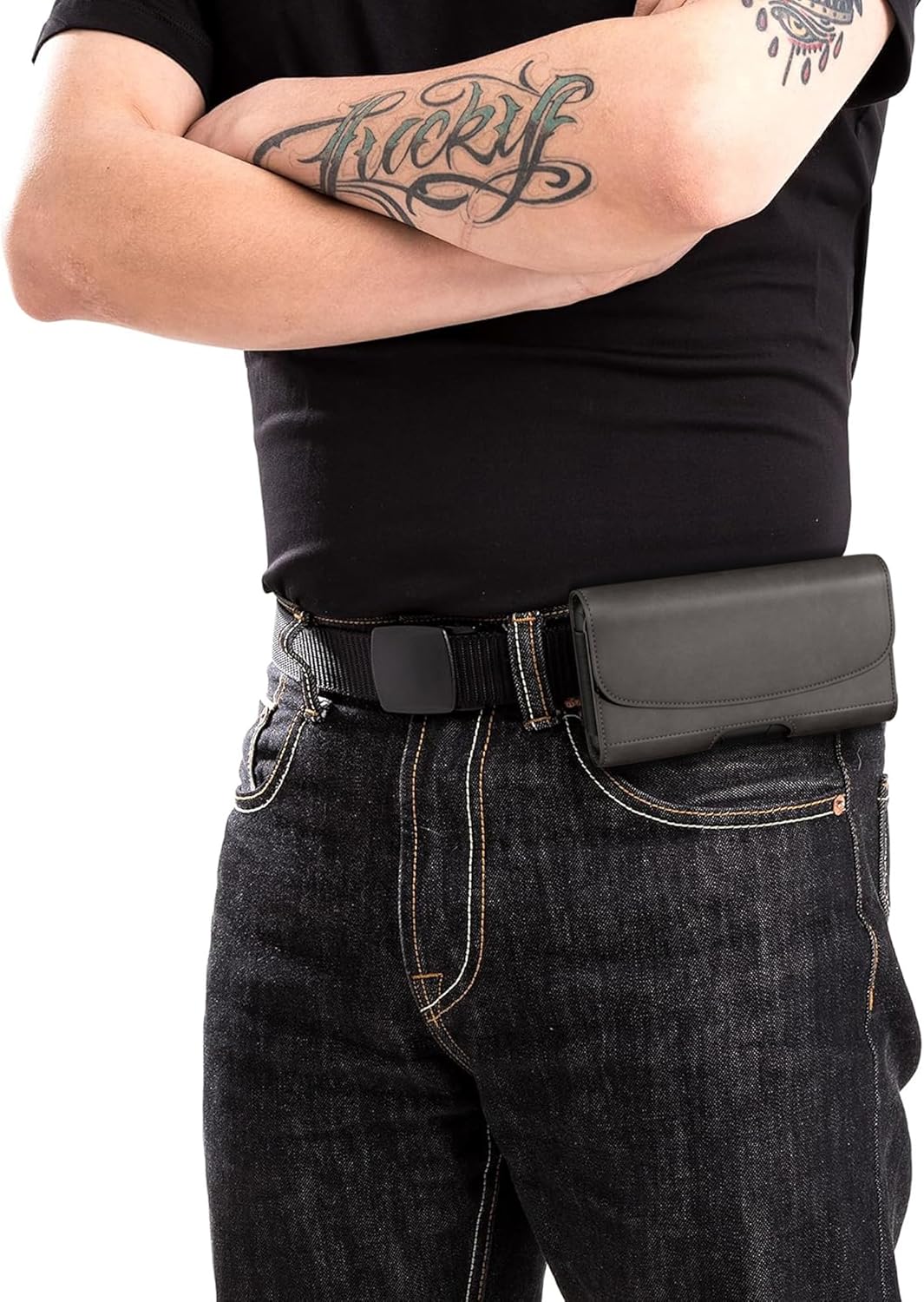 PiTau Holster for iPhone Pro Max & Plus 16, 15, 14, 13, 12, 11, 8, 7, 6, 6s, XS Max, Men's Cell Phone Case with Belt Clip ID Card Holder for Samsung Galaxy S25+, Fits with Case Cover on, Pewter Large