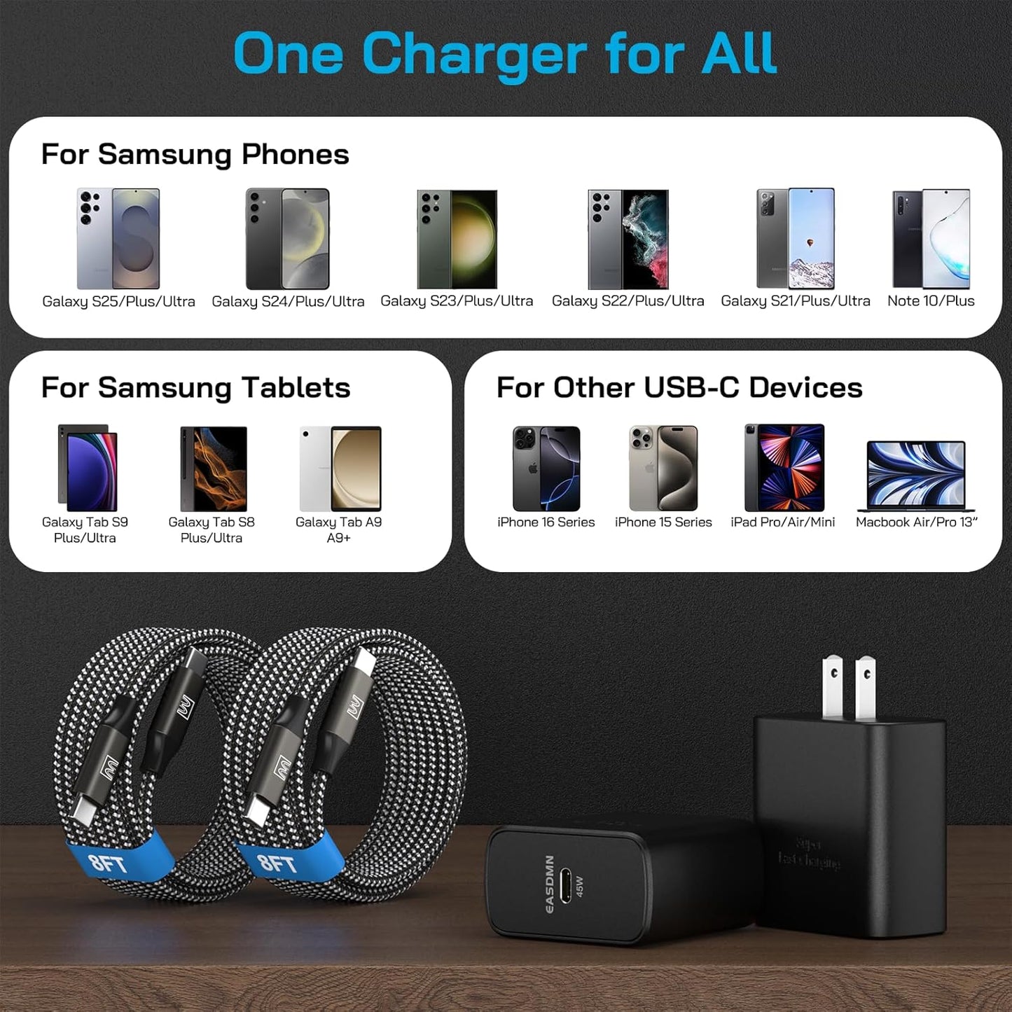 45W Super Fast Charger Type C, [2 Pack] 45 Watt USB-C Charger PD/PPS Wall Charging Block for Samsung Galaxy S25 Ultra/S25+/S25/S24/S23 Ultra/S23+/S22 Ultra/S22+/S20 Ultra, Tab S8(with 2X 8ft Cable)