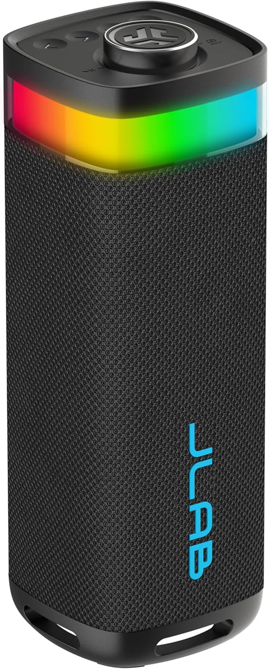 JLab JBuds Party Portable Bluetooth Speaker, 2 Full-Range Drivers + 2 Passive Woofers, IP56 Waterproof, 12 Hours Playtime, Connect Multiple Speakers, Custom Sound + RGB Lighting via App, Black