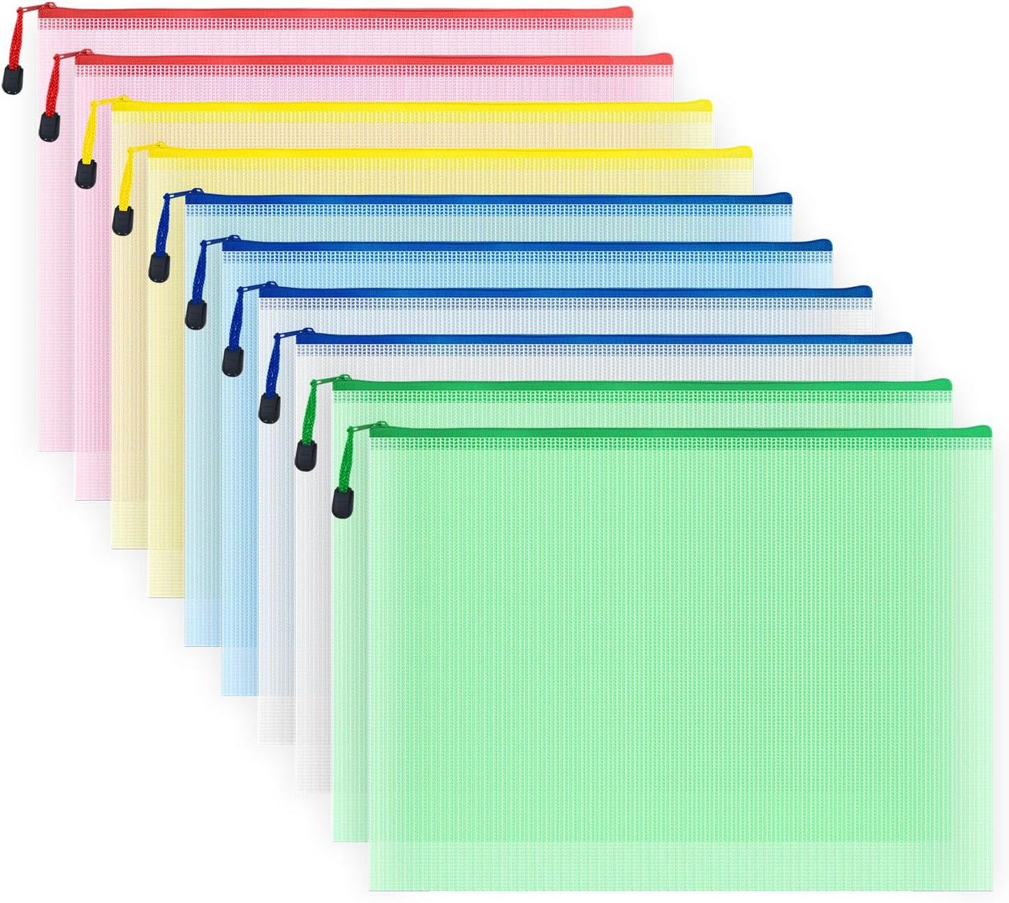 AUSTARK 10 Pcs Zipper File Bags, Waterproof Plastic Mesh Pouch for Office School, Board Game Storage Bags (B4 Size 15''x11'', Multicolored)