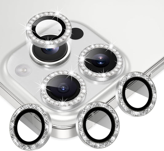 AGVEE 3+3 6 Pack for iPhone 16 Pro 6.3" / 16 Pro Max 6.9" Camera Lens Cover Protector, Bling Diamond & Bling Glitter Metal Ring 9H Tempered HD Glass Camera Cover Protector Film, Bling-Silver