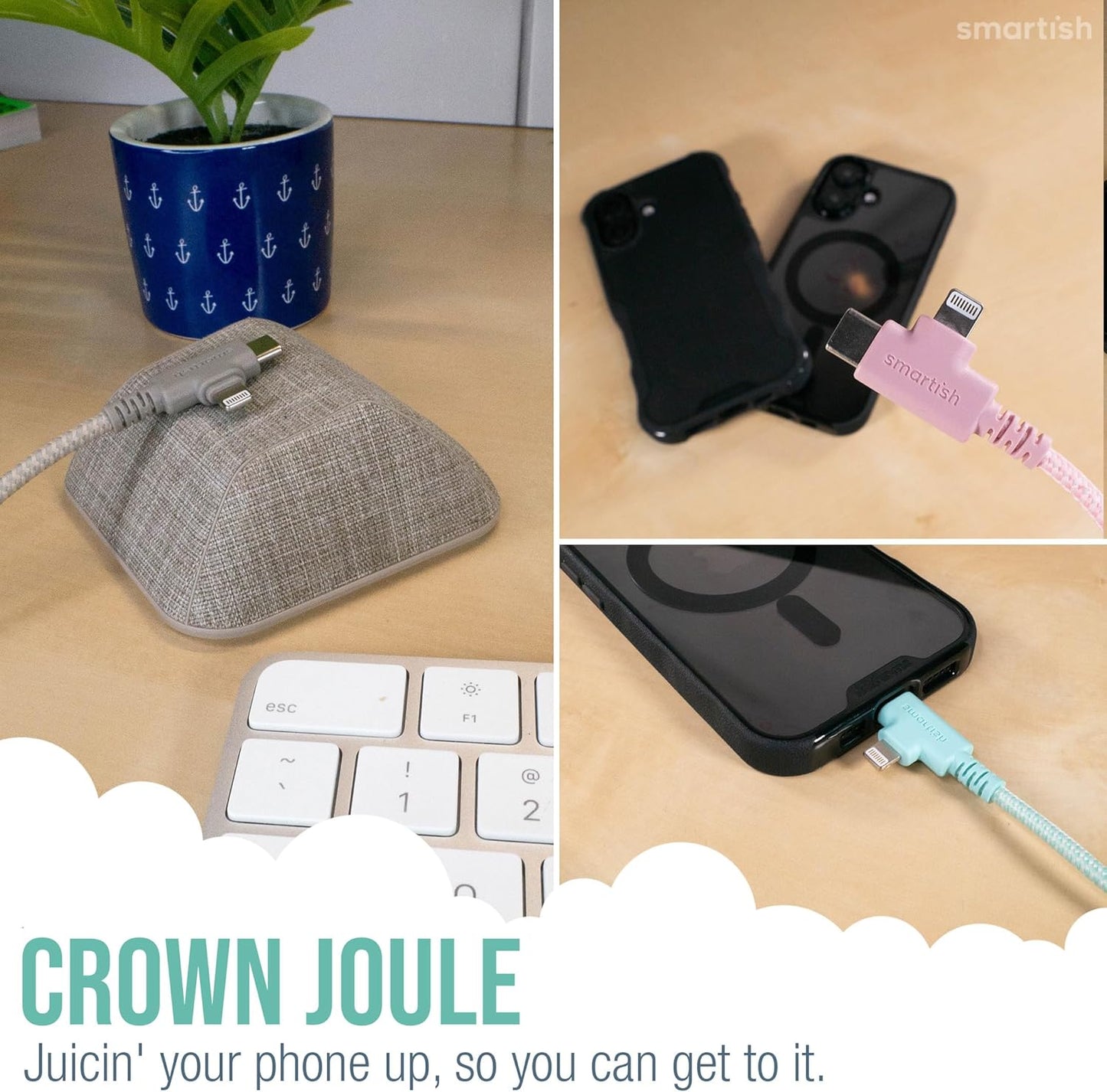 Smartish 2 in 1 USB C to USB C/Lightning Cable - Crown Joule - 6 Ft Fabric Wrapped Fast Charging Cord - for iPhone, Galaxy, Pixel - 100W Dual Fast Charger for Phones/Laptops - I'm Blushing