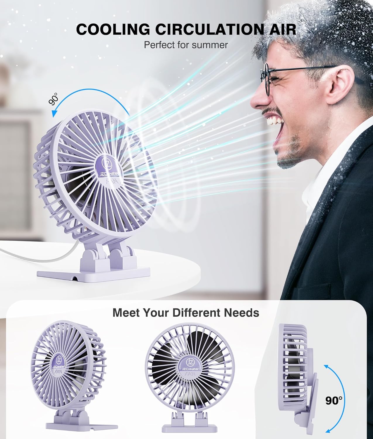 JZCreater USB Desk Fan, Mini Fan Portable, 3 Speeds Desktop Table Cooling Fan, Plug in Power Fan, Rotation Strong Wind, Quiet Personal Small Fan for Home Desktop Office Travel Bedroom, Purple