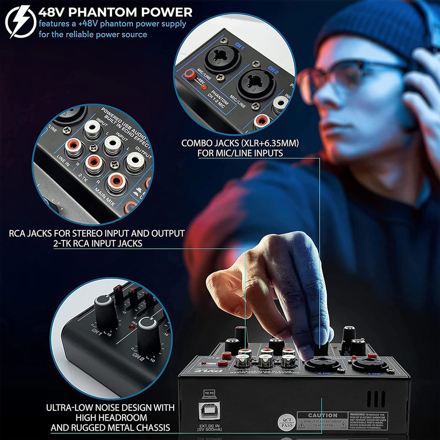 Pyle Professional Wireless DJ Audio Mixer - 4 Channel Bluetooth Controller Sound Mixer, USB Audio Interface, 2 Combo Jack XLR+6.35mm Mic/Line/Guitar in, 3.5mm, RCA AUX, Headphone Jack - PAD43MXUBT