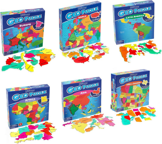 GeoToys GeoPuzzle, Country-Shaped Jigsaw Puzzles Set of 6, Geography Puzzle, Geography Game & Map Puzzle - Jigsaw Puzzles for Kids Ages 6-9 Years Old