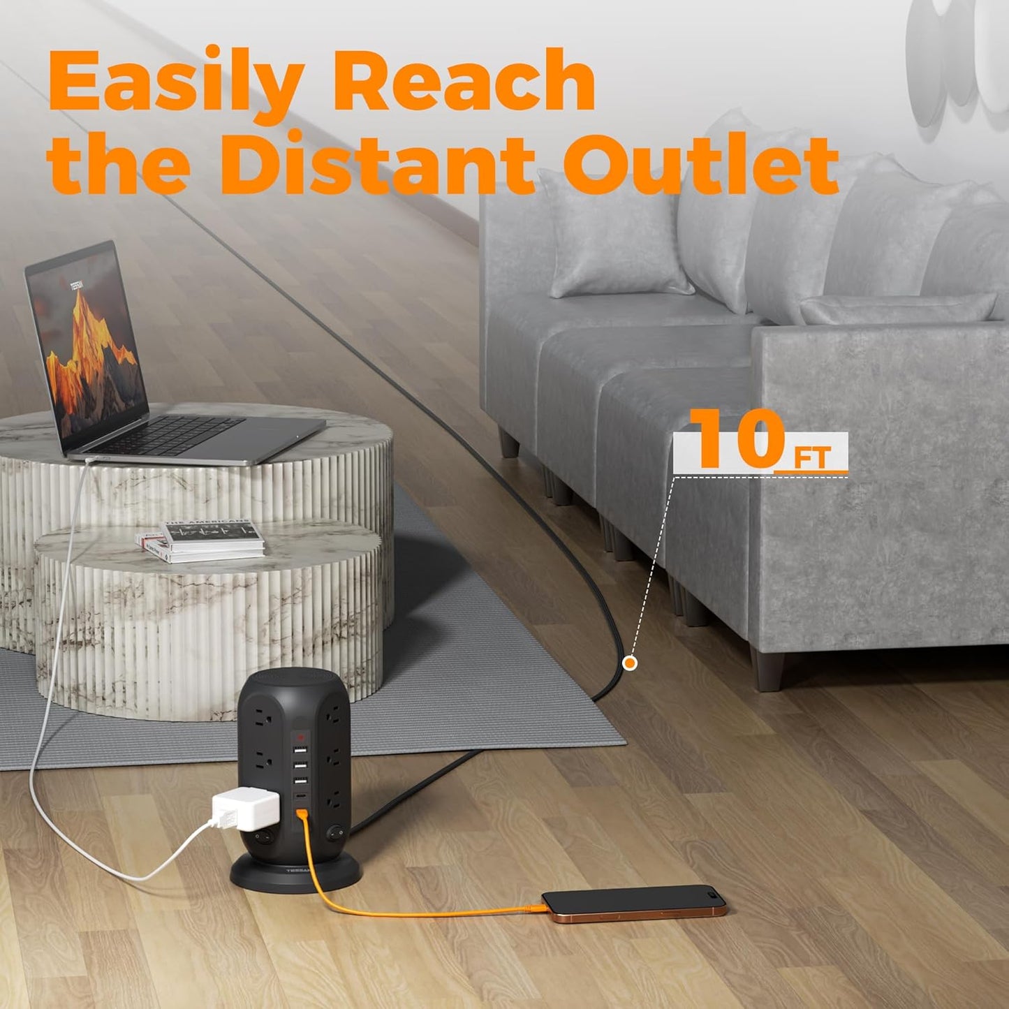 Black Surge Protector Power Strip with 4 Individual Switches, TESSAN USB C Charging Station Power Tower with Flat Extension Cord 10 Ft, 12 Outlets Black Extension Cord, Dorm Room, Office Accessories