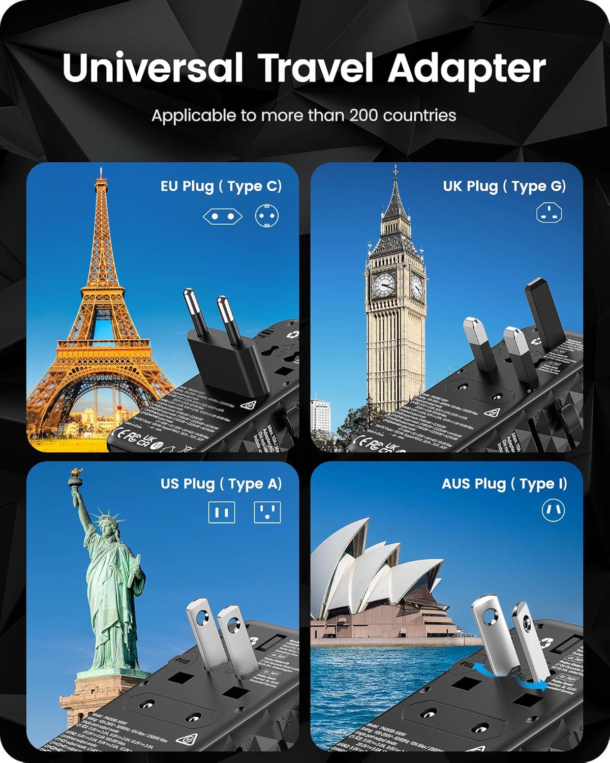 LENCENT 100W International Travel Adapter, GaN Universal Travel Adapter with 2 USB-A & 2 Type C Power Adapter, Fast Charger for Phone,Laptops, Worldwide Plug Adapter for USA/UK/EU/AUS, Black