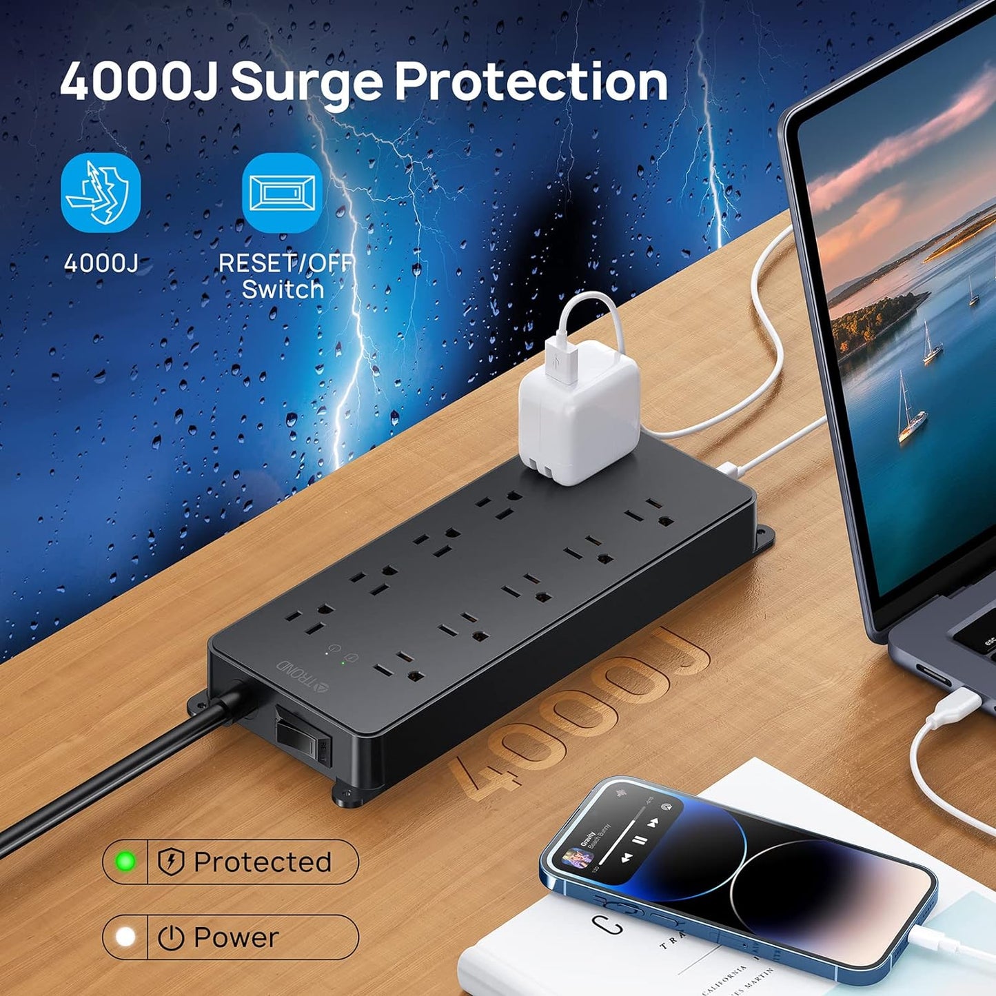TROND Power Strip Surge Protector, 4000J, ETL Listed, 10 Widely Spaced Outlets with 2 USB A and 2 USB C, Flat Plug 5ft Extension Cord, Wall Mountable, 14AWG Heavy Duty, for Home Office Garage, Black