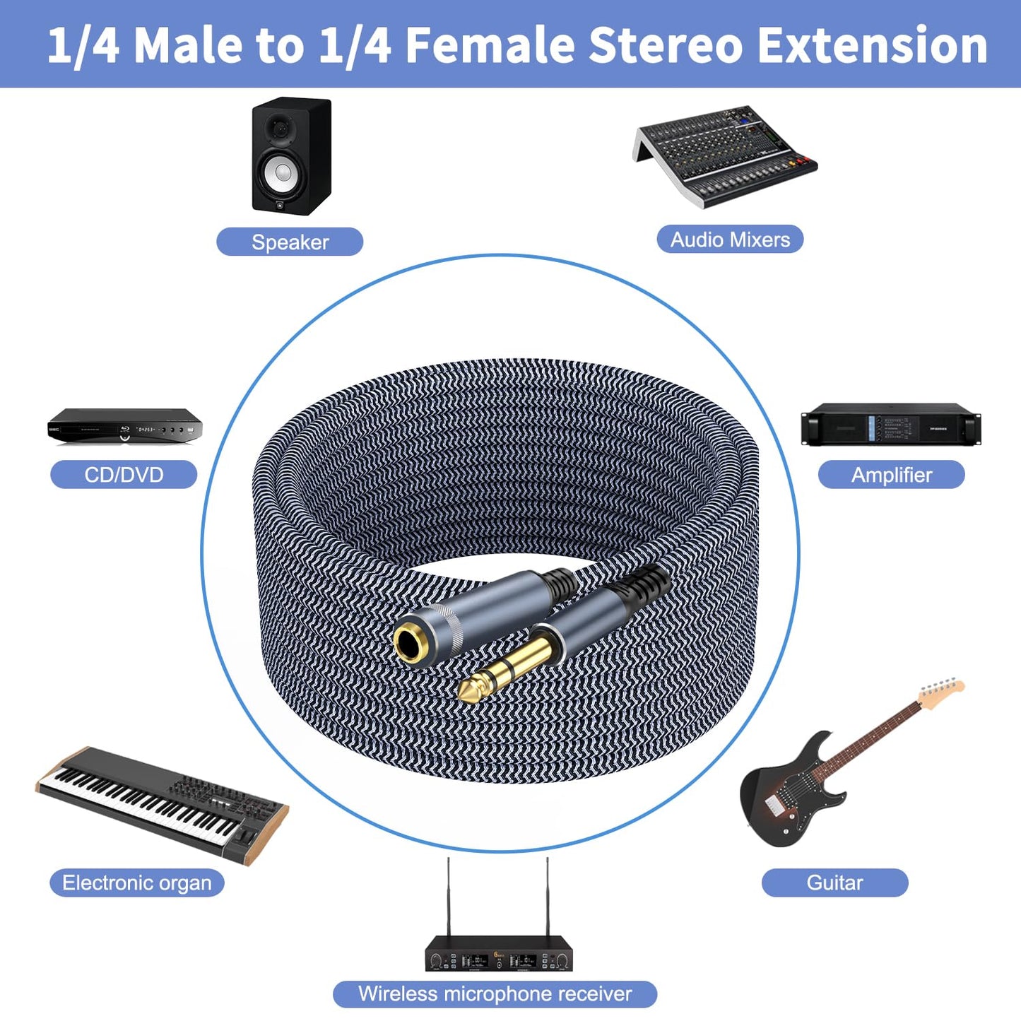 1/4 inch Extension Cable 30ft, 1/4" inch Male to Female Stereo Guitar Extension Cable